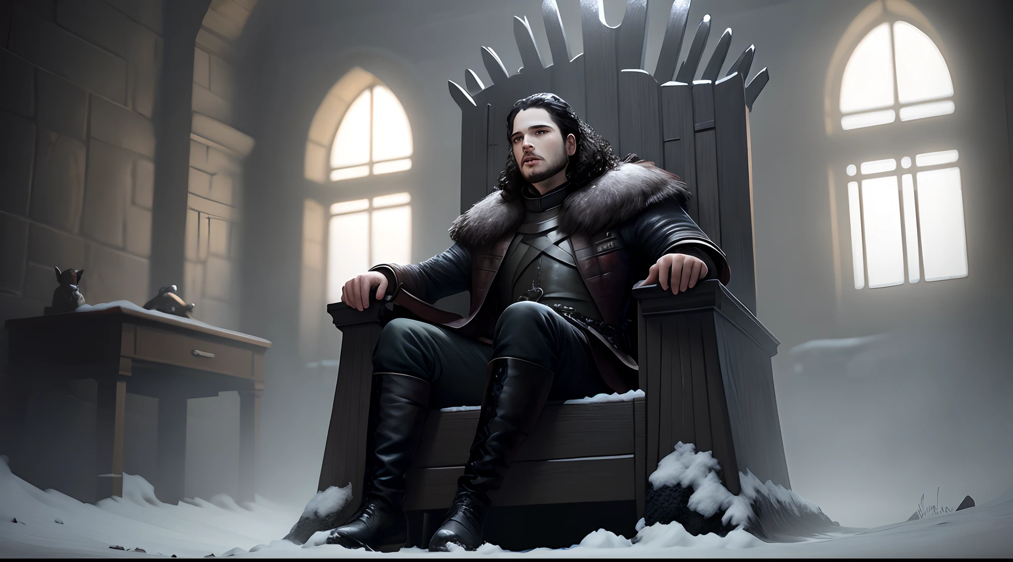 Pixar digital art of jon snow sitting on the iron throne