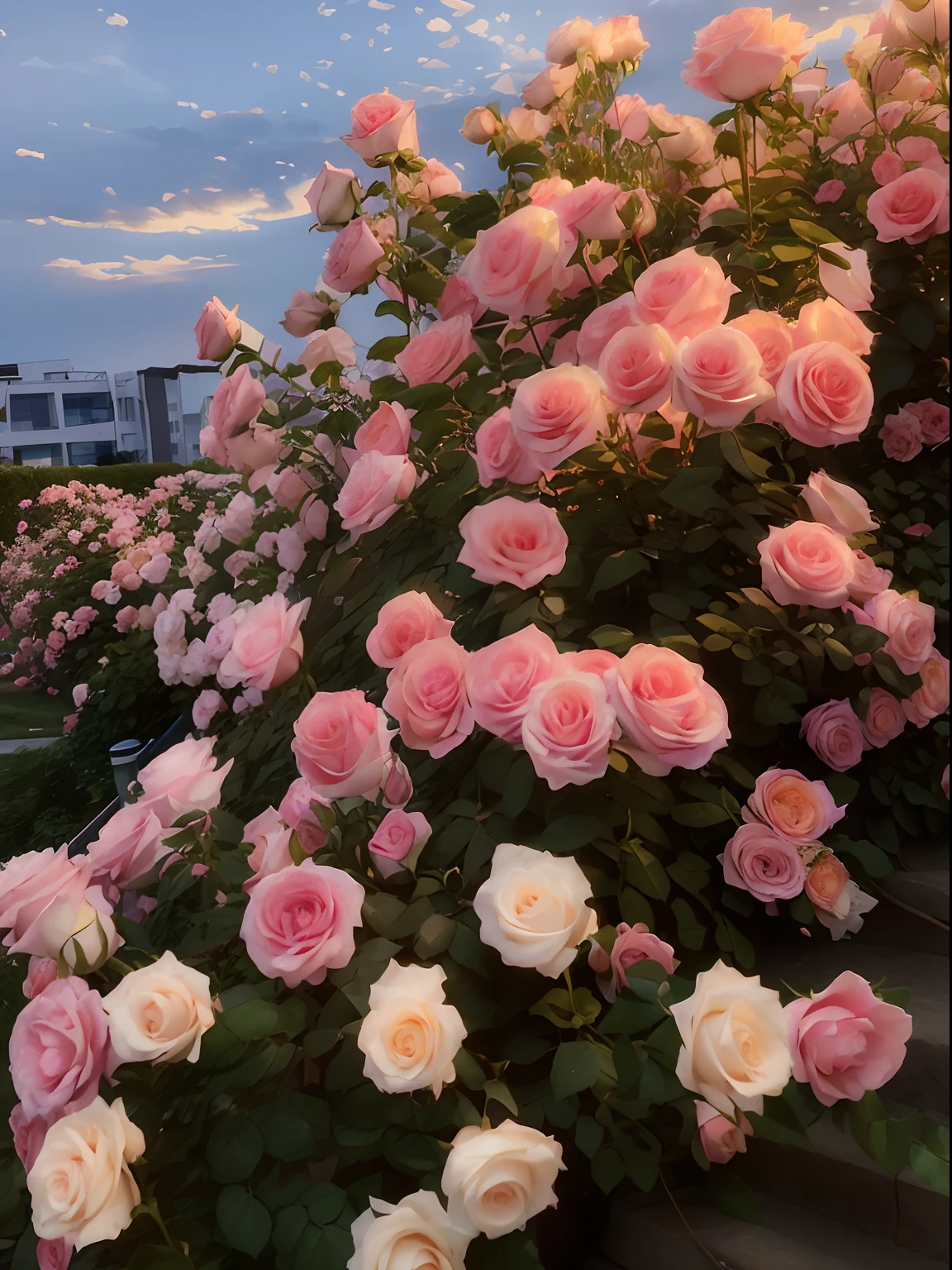 there are many pink roses growing on the side of a building, roses in cinematic light, rose garden, beautiful and aesthetic, beautiful aesthetic, roses, beautiful flowers, beautiful flowers growing, beautiful image, with soft bushes, beautiful nature, beautiful large flowers, pink golden hour, with soft pink colors, incredibly beautiful, light pink tonalities, pink flowers