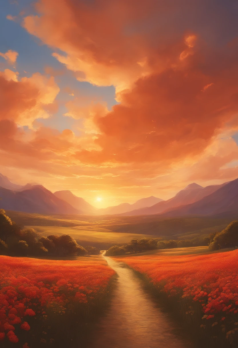 Masterpiece, Best quality, cinematic Film still from, Large clouds of fire, Float up from the middle of the frame to the sides, Close-up, Bright, cheerfulness, Warm and soft lighting, Ghibli style, anime big breast, Illustration book, Sunset, Don't be human, Landscape screen