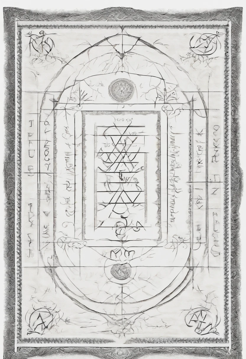 letters A, U, Z, O, V on a white cloth, styled as sinister occult nordic runes, blueprint style with dark background and light outlines