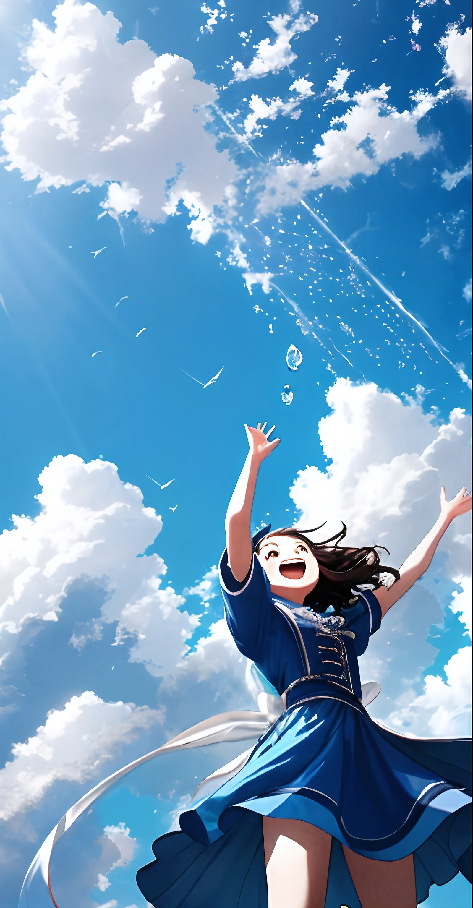 8K分辨率，tmasterpiece，Need，clear blue skies，The sky is full of clouds，Beautiful fluffy clouds，one-girl,，Looking Up The Sky，Shout to the sky，Clear excited face，on cloud，Spectacular creative scene
