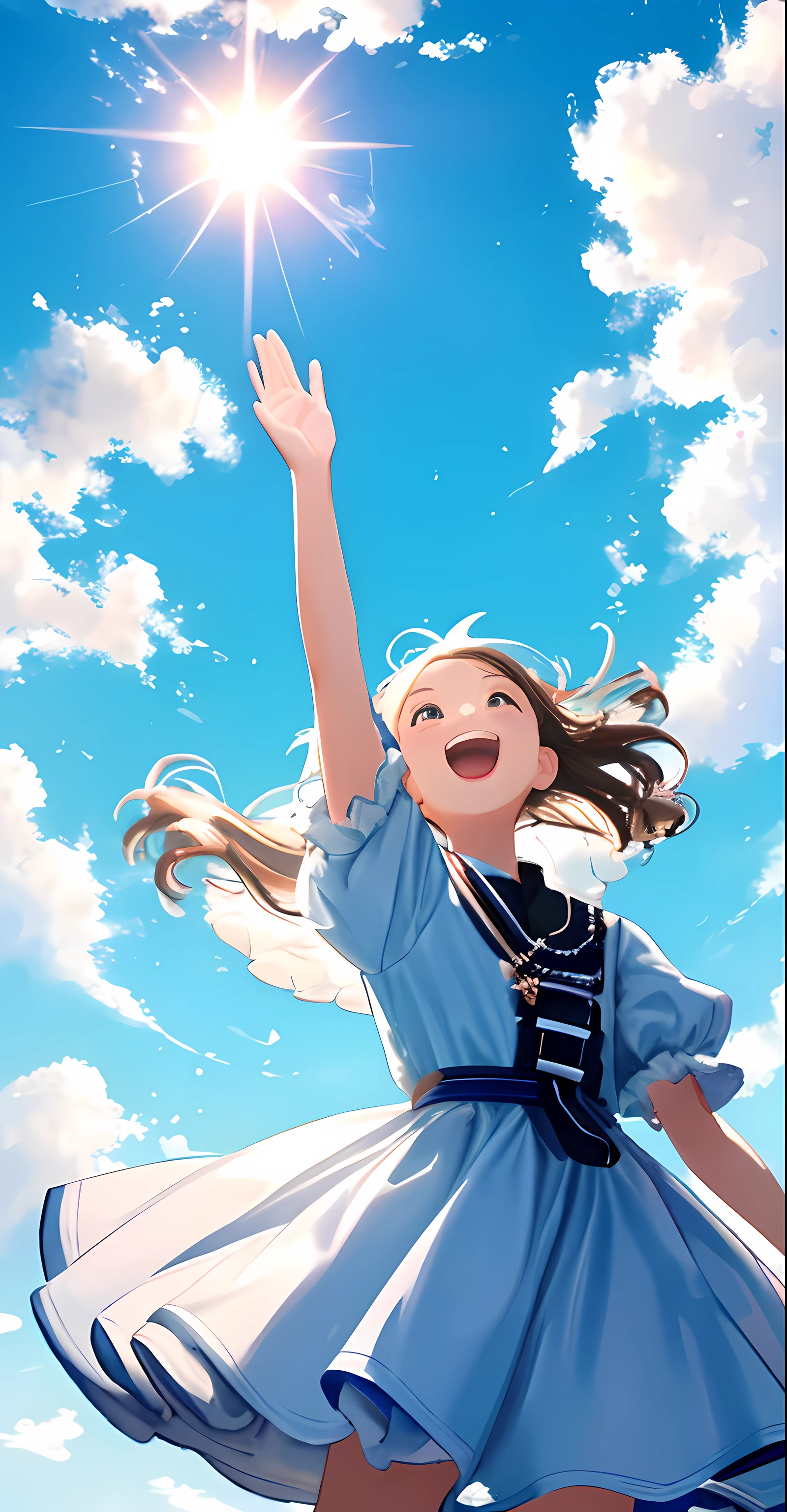 8K分辨率，tmasterpiece，Need，clear blue skies，The sky is full of clouds，Beautiful fluffy clouds，one-girl,，Looking Up The Sky，Shout to the sky，Clear excited face，Want to fly，on cloud，Spectacular creative scene