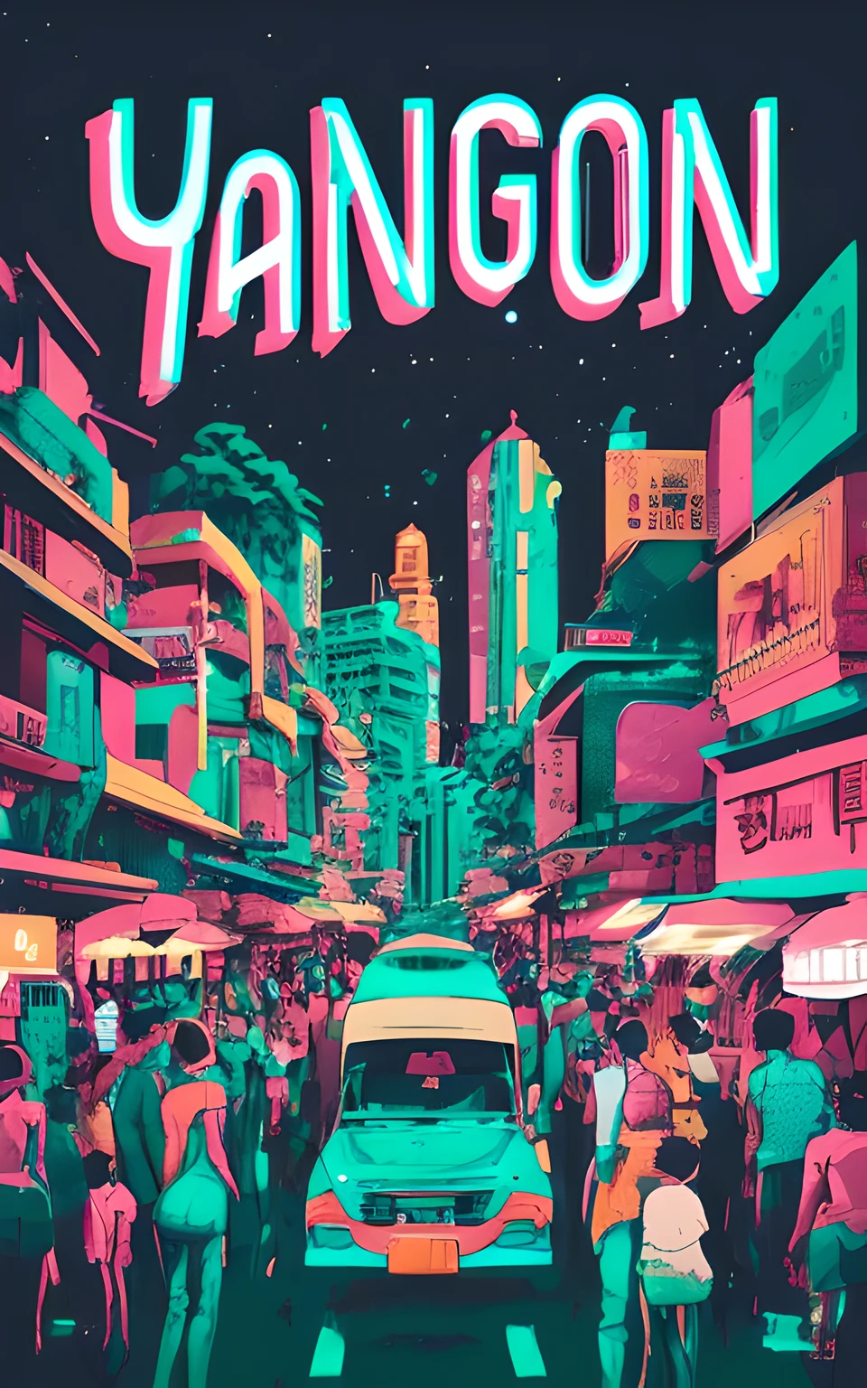 a poster of a city street with people walking and cars, tankobon, by Tanaka Isson, poster illustration, tankoban, futuristic phnom-penh cambodia, vibrant tourism poster, in a tropical and dystopic city, victo ngai! cmyk palette, vaporwave city, by Craig Thompson, inspired by Tanaka Isson