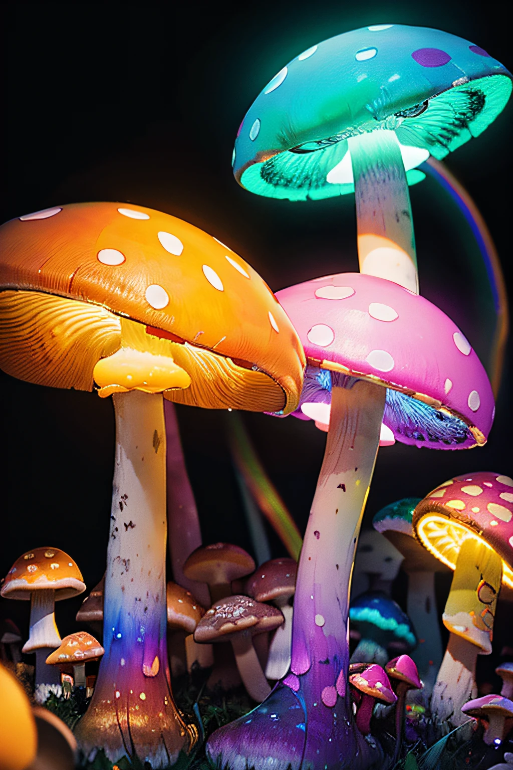 (​masterpiece、top-quality、top-quality、Beautifully Aesthetic:1.2)、(((Fantastic and colorful rainbow glowing cute design neon mushroom)))、ighly detailed、colourfull、highestdetailed