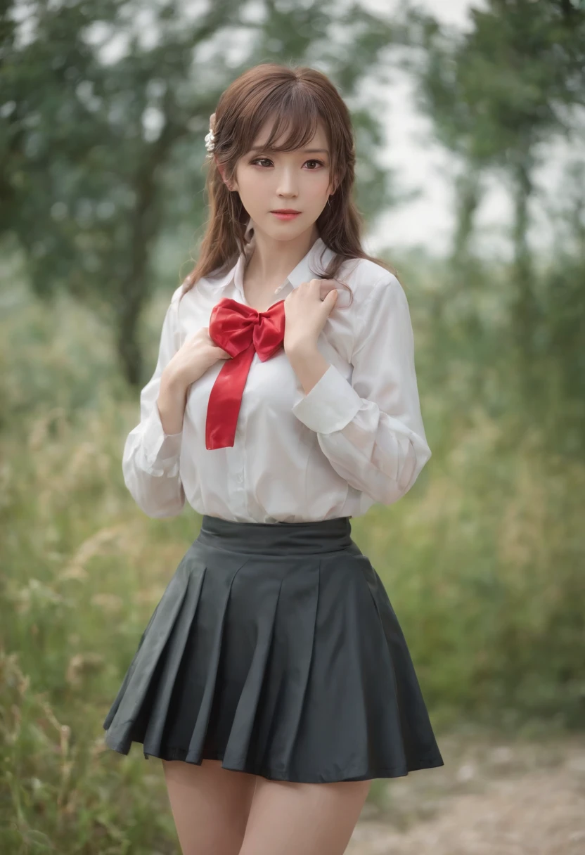 (8K, Raw photo, Best Quality, masutepiece:1.2), high-definition RAW color photography, professional photograpy, cowboyshot, (Realistic, photographrealistic:1.37), ((Best Quality)), 25 year old woman, Cinematic Light, (finerly detailed face:1.2), (masutepiece:1.5), (Best Quality:1.2), (Mole:0.5), (Smiling:0.9), braid, (Skirt lift:1.2), Wrinkled white panties,white panties with ribbon, Crotch line, bowtie, (Detailed Maid:1.2)