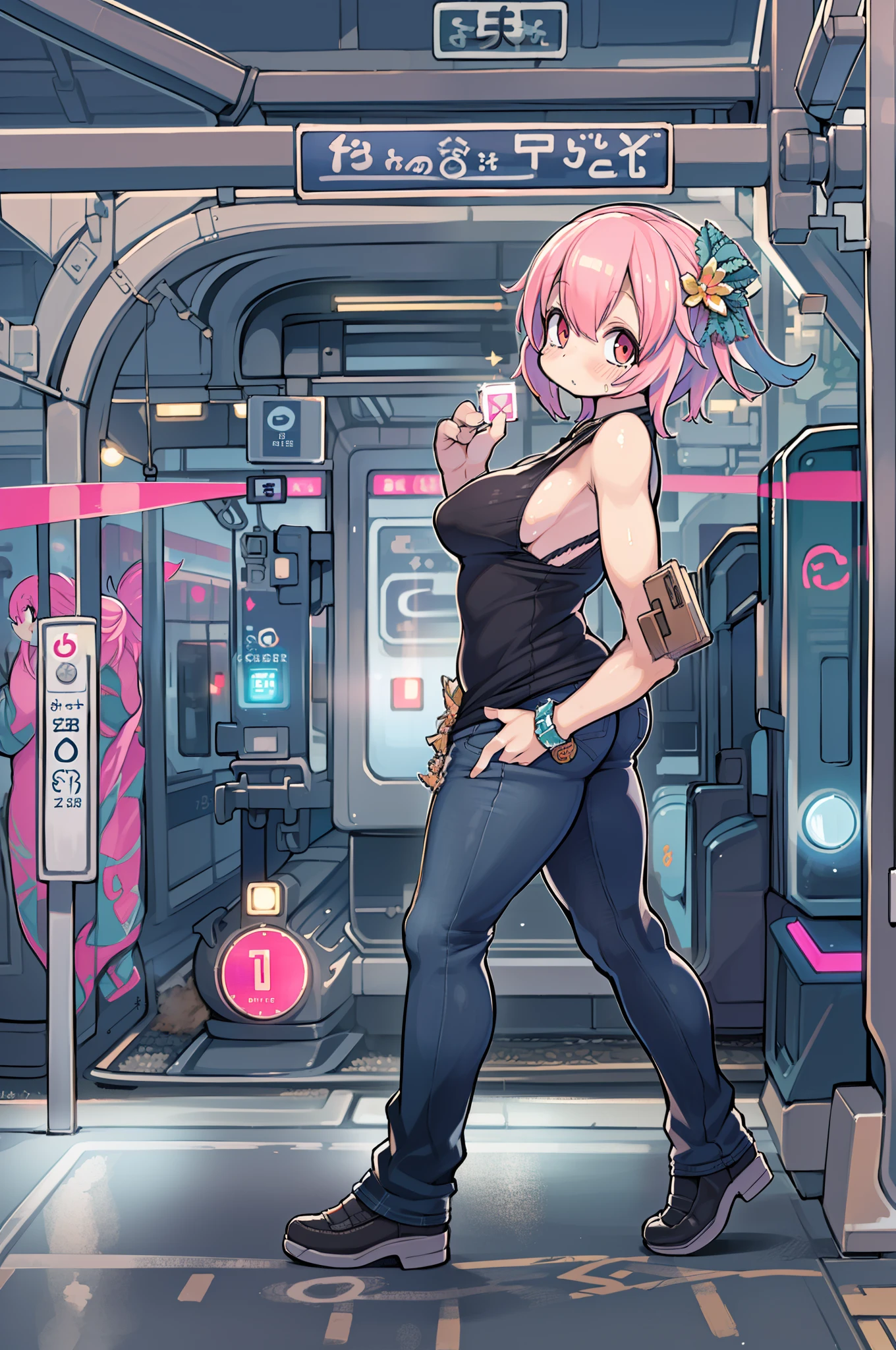 (masutepiece), (Best Quality), (hight resolution), Detailed, (Details 1.2), (Hyper Detail 1.4), (Glamorous Digital Art 1.2), absurderes, 1girl in, Small breasts, Ass, Hair ornaments, Solo, Pink hair, (Black shirt:1.3), jeans, (train station:1.2) Running, thighs thighs thighs thighs, shortstack,