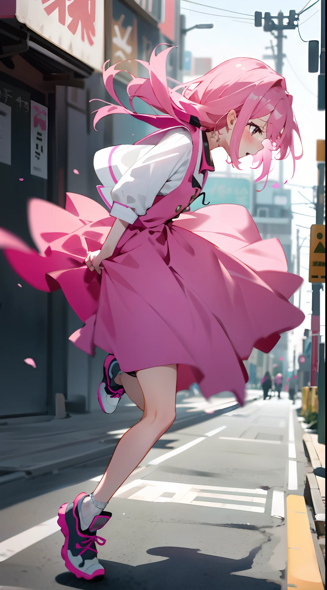 girl pink hair、One girl in a luxury dress、One girl takes run to side、Look away、Running, 、spirit from、Blushing、Keep your mouth shut、a street(Girl is peeing:1.7)、Mini skirt, Ran Quickly To The Side, Sprinting, Side View, Cmaera Side View