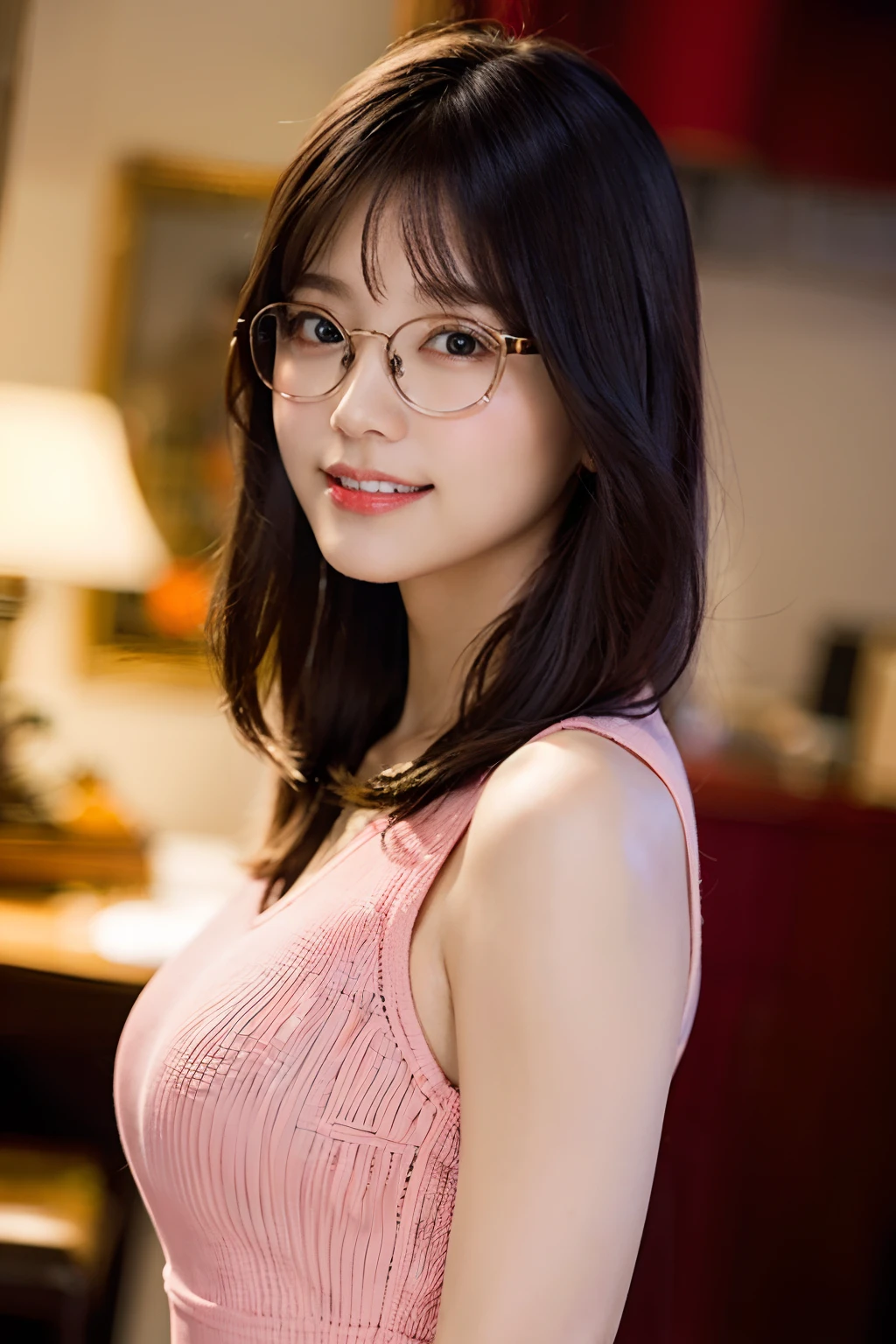 (((Brown longhair))), (Louvre Museum), Pose Seductive, (A hyper-realistic), (Illustration), (Increased resolution), (8KUHD), (Extremely detailed), (Best Illustration), (Beautiful and detailed eyes), (Best Quality), (ultra-detailliert), (masutepiece ), ( Wallpaper), (Detailed face), Solo, 1人の女性, Fine details, Detailed face, Deep Shadows, lowkey, pureerosfaceace_v1, Smiling, 46 point slanted bangs、Short sleeve shirt with collar、cleavage of the breast、Big necklace、large earring、Strive pattern collar shirt、Rimless glasses、