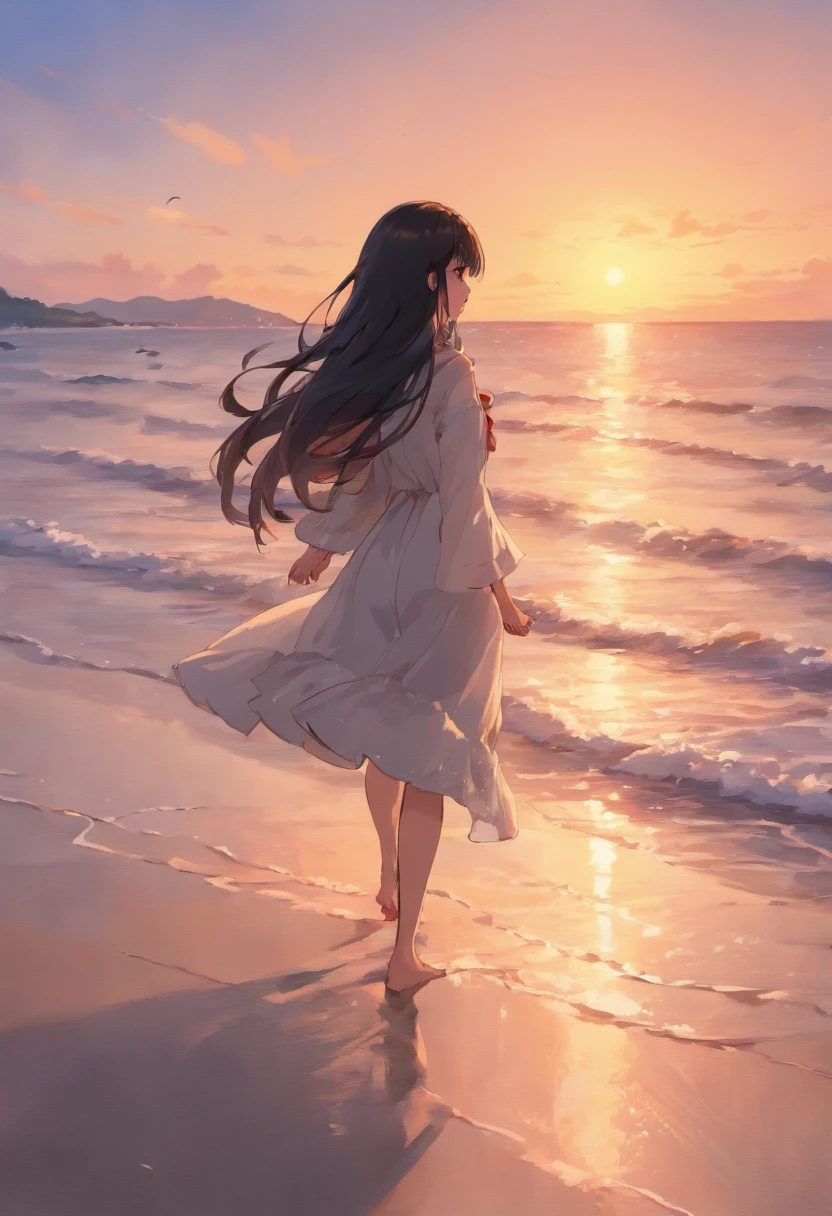 A woman walking on the beach at sunset with her hair blowing in the ...