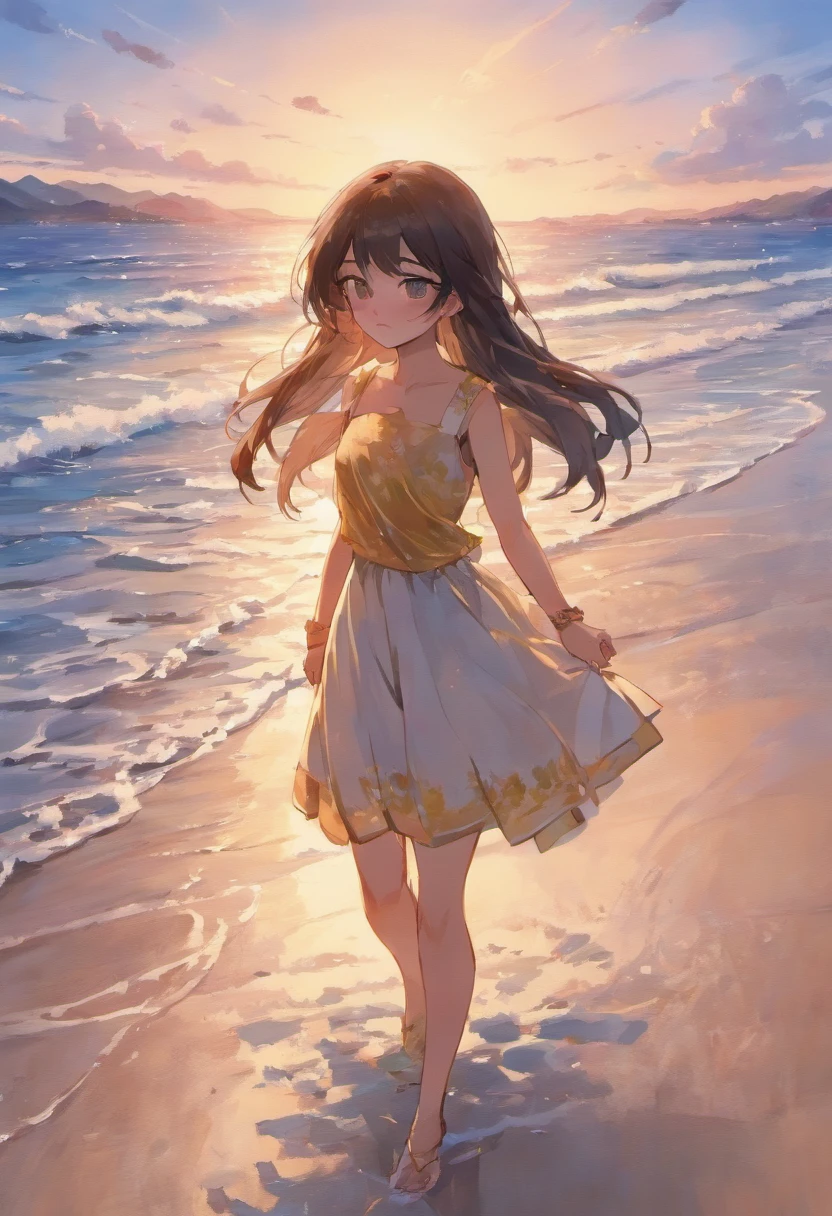 beautiful detailed long black hair,brown eyes,20-year-old girl,strolling by the seaside,picturesque scenery,gentle breeze,hazy sunlight,reflecting golden hues on the water's surface,warm sand between her toes,seagulls dancing in the sky,sound of crashing waves,serene and peaceful atmosphere,soft waves caressing the shore,seashells scattered along the coastline,salty scent of the ocean,whispering palm trees swaying in the wind,crimson sunset painting the sky in vibrant colors,breathtaking view that captivates the heart,(best quality,4k,8k,highres,masterpiece:1.2),ultra-detailed,realistic,photorealistic:1.37,seaside landscape,serenity of nature,beauty of the moment,majestic and tranquil.