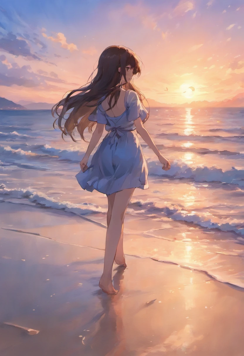 beautiful detailed long black hair,brown eyes,20-year-old girl,strolling by the seaside,picturesque scenery,gentle breeze,hazy sunlight,reflecting golden hues on the water's surface,warm sand between her toes,seagulls dancing in the sky,sound of crashing waves,serene and peaceful atmosphere,soft waves caressing the shore,seashells scattered along the coastline,salty scent of the ocean,whispering palm trees swaying in the wind,crimson sunset painting the sky in vibrant colors,breathtaking view that captivates the heart,(best quality,4k,8k,highres,masterpiece:1.2),ultra-detailed,realistic,photorealistic:1.37,seaside landscape,serenity of nature,beauty of the moment,majestic and tranquil.