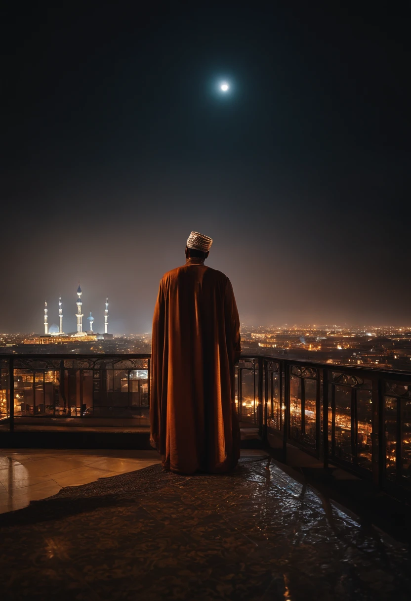 muslim man standing on the top of building at night, beautiful, sad