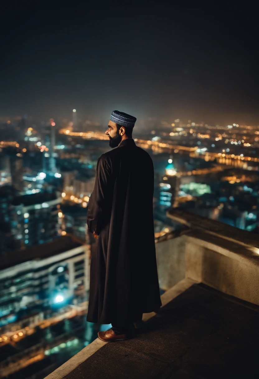 muslim man standing on the top of building at night, beautiful, sad