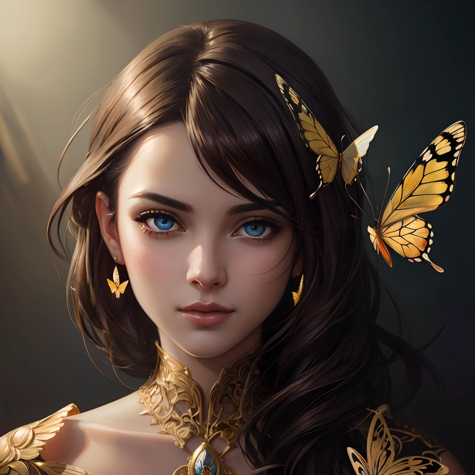 8k portrait of beautiful cyborg with brown hair, intricate, elegant, highly detailed, majestic, digital photography, art by artgerm and ruan jia and greg rutkowski surreal painting gold butterfly filigree, broken glass, (masterpiece, sidelighting, finely detailed beautiful eyes: 1.2), hdr,