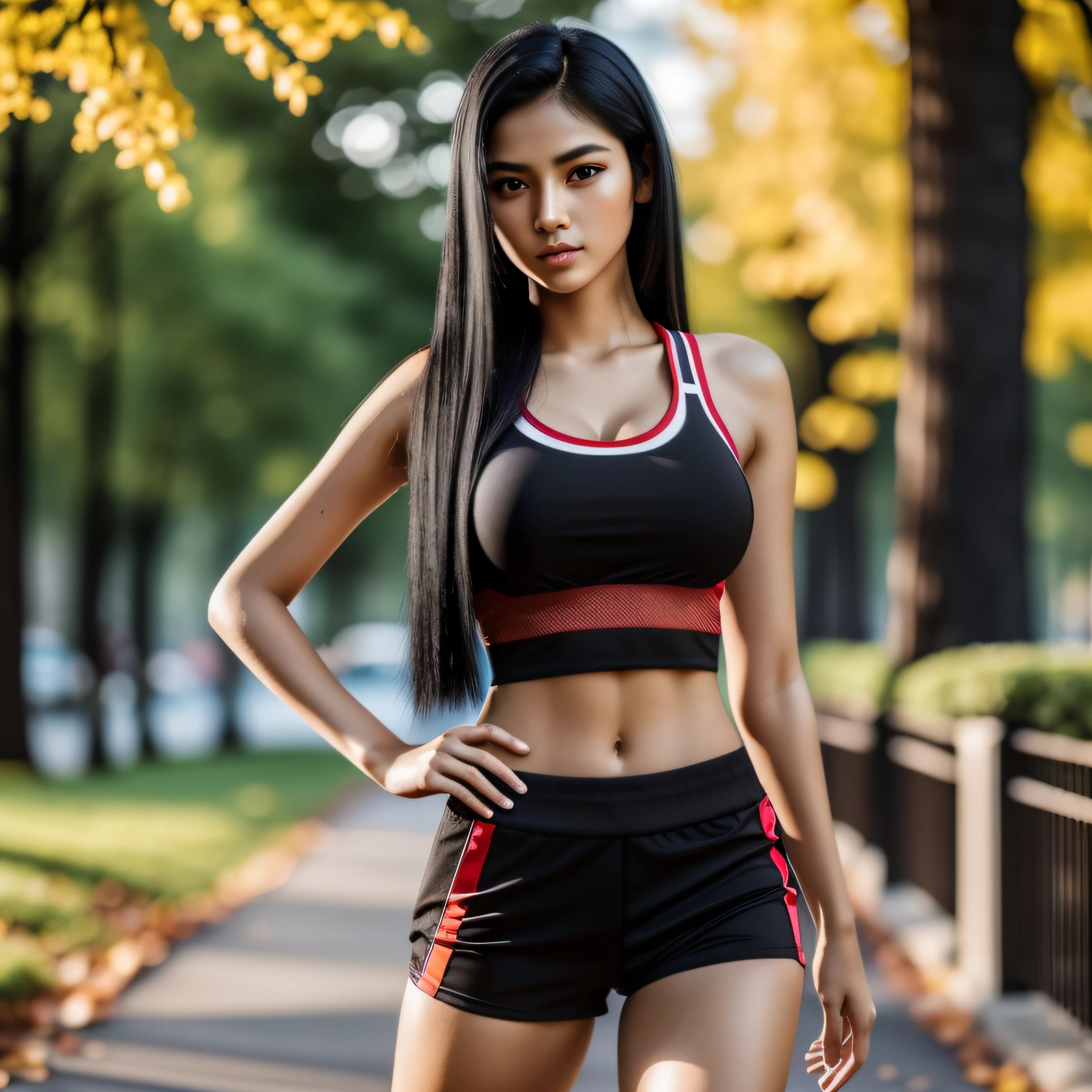 Masterpiece, (((full body shot))), ((1 girl solo)), (one beautiful (Indonesian:0.8)-(Spanish:0.2) girl (looking at camera)), [Risyana Devita], 20 years old, breathtaking beauty, natural beauty, perfect and delicate face, beautiful brown eyes, detailed eyes, soft lips, (long dark-black hair:1.5), (tall figure:1.5), (athletic body), (small breasts:0.5), cleavage, small and beautiful hard nipple, pearl skin, (skin pores:0.7), extremely detailed face and skin texture, (skin texture:1.1), beautiful long legs, seductively walking pose, walking on the park, (wearing a sexy (Red sportswear)), extremely detailed and realistic red clothes, sharp focus, 8k uhd, best quality, ultra-detailed, realistic, colorful tones, natural lighting, clean lines, vibrant colors, modern art style, high-res, professional-grade, textured finish, contrasting elements, dynamic composition, lifelike texture, precise details, expert craftsmanship, layered colors, dramatic lighting, stunning visuals, exquisite artwork, (depth of field),