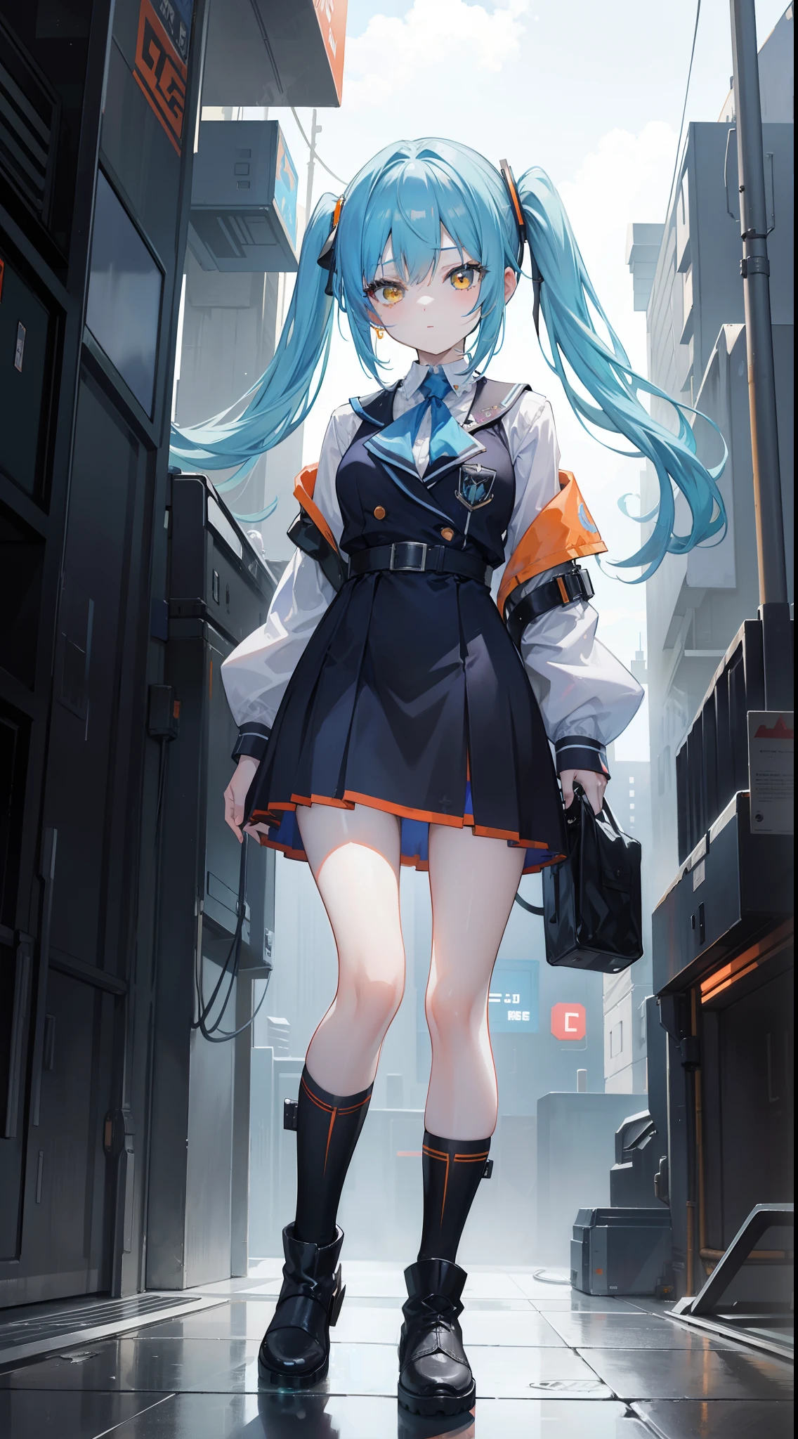 masterpiece,8K,超A high resolution,Detailed description,Smooth depiction,Accurate rendering,Triangular Composition,Light blue twin tails,Yellow eyes,Whitening skin,12-year-old Western-style beautiful girl in anime style,Cyberpunk style orange waistcoat and black miniskirt,Metallic boots,Overhead scenery,Full body depiction,Splash Art Style,