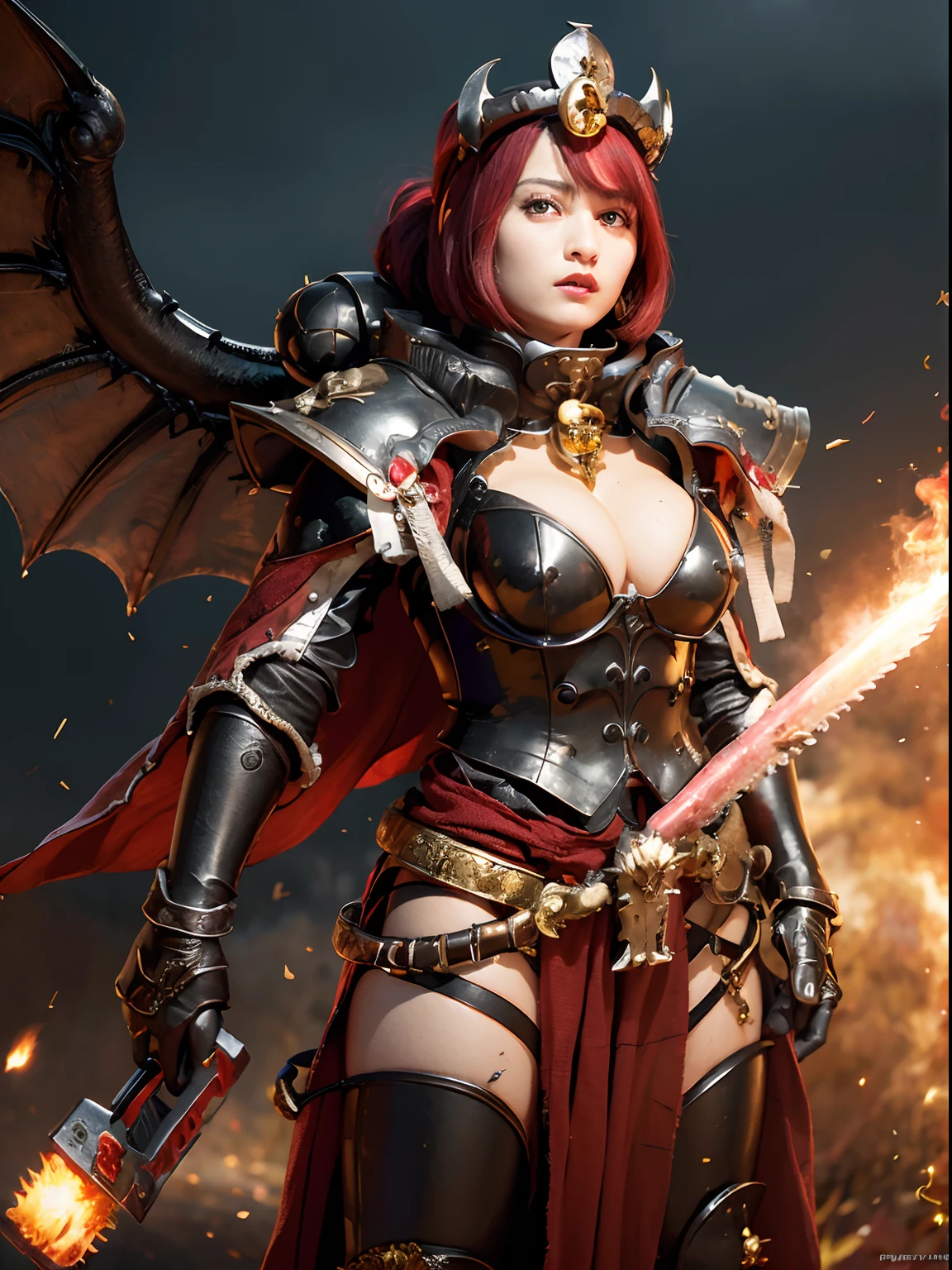 (Bleeding from the head), Professional , masterpiece、top-quality、photos realistic , depth of fields (Gemstone Black Metal Body:1.4),(Matte Black、Toostock、(cleavage of the breast)、Dragon Gold Weapon,Mystical expression、Particles of light、Fight dragons、(Dragon Metal Body:1.4),Gorgeous Silver Weapons ,(( Dragon's dense and gorgeous sword)) , Beautiful knife ,warhammer 40k , adepta sororitas,Detail and gorgeous crown、((Red hair))、(Castle background)、、((Gangle's forest background))、Beautiful Caucasian beauty、1a person、dynamic ungle,(((Detailed and ornate Black Devil Crown)))、Smaller head、A smile、Castle background、Thin and beautiful female hands、cleavage of the breast、Soldier in iron armor on background、Mystical expression、Light Effects、intense fighting、Wind-effect、magic circles、With the legendary magic wand、(demonic wings)、
