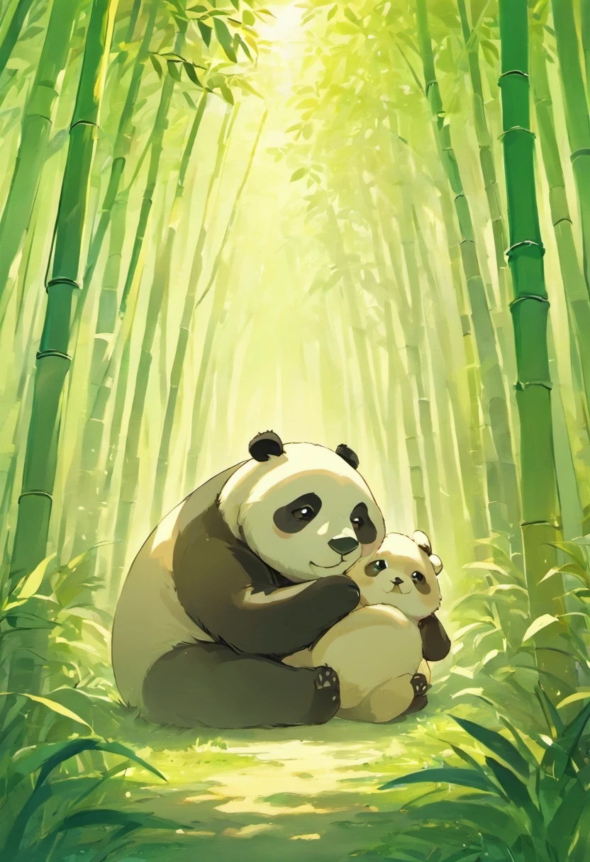 one adorable fluffy panda playfully tumble together in a sunny bamboo forest glade, warm lighting filtering through the leaves. Detailed fur texturing, peaceful nature mood, gentle lighting. Traditional watercolor style. --ar 4:5 --s 400 --niji 5