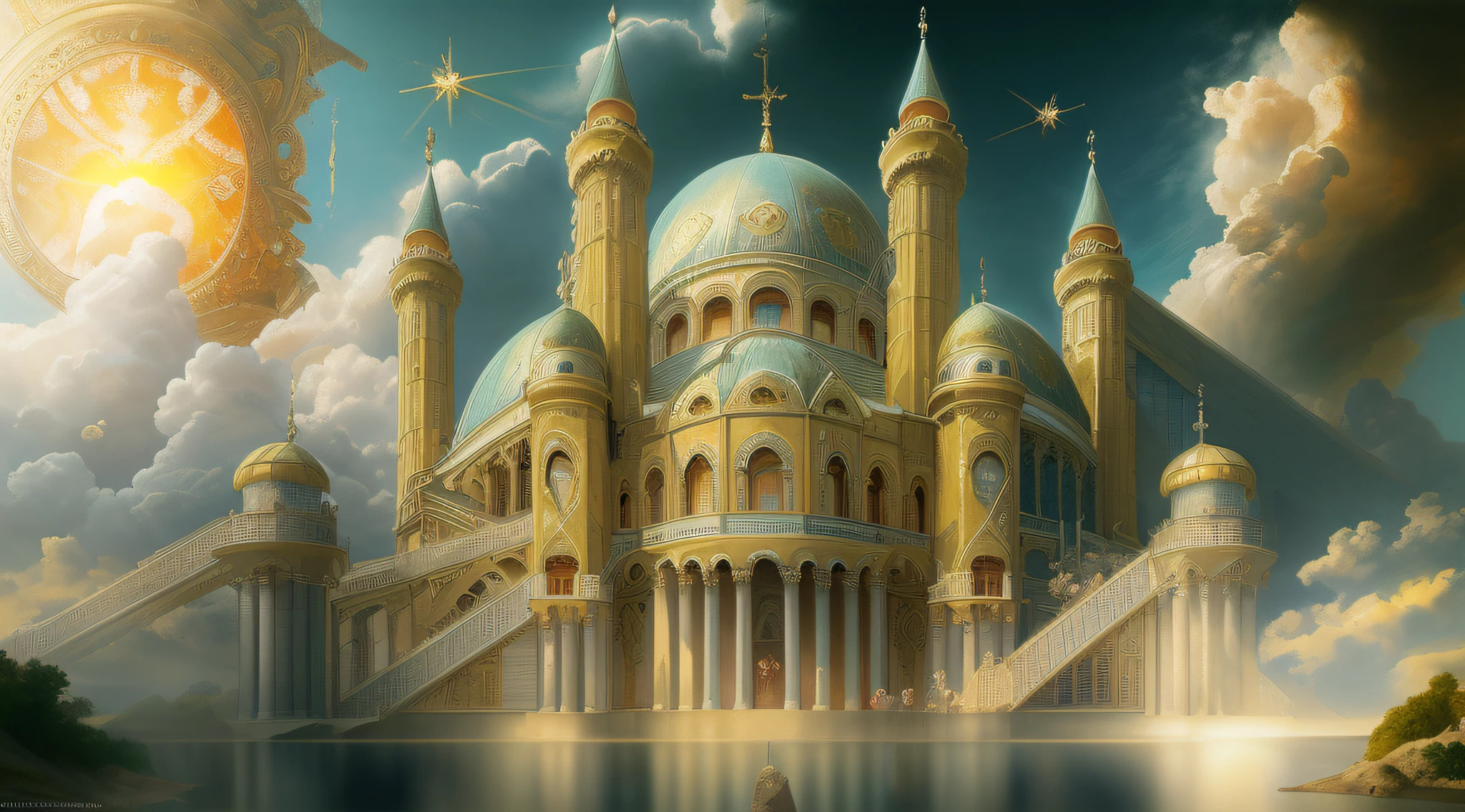 a masterwork Renaissance painting of a celestial palace in heaven (best details, Masterpiece, best quality :1.5), kingdom palace in heaven, an epic palace with towers, gates, bridges, surrounded by celestial clouds (best details, Masterpiece, best quality :1.5), sun rays, divine rays, reflections of rays in the clouds, backlight, sense of divinity, touch of god, Renaissance art style, fantasy art, ultra best realistic, best details, best quality, 16k, [ultra detailed], masterpiece, best quality, (extremely detailed), ultra wide shot, photorealism, depth of field, hyper realistic painting,