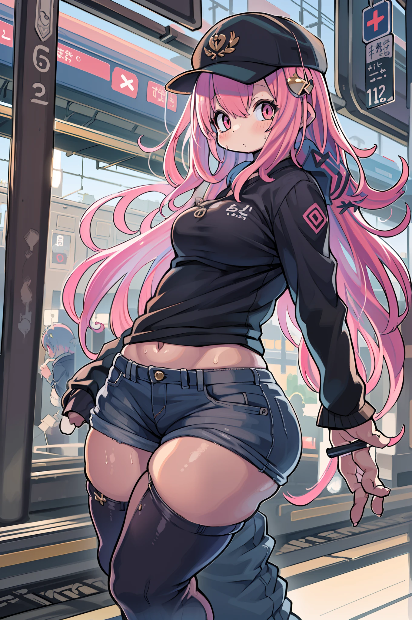 (masutepiece), (Best Quality), (hight resolution), Detailed, (Details 1.2), (Hyper Detail 1.4), (Glamorous Digital Art 1.2), absurderes, 1girl in, Small breasts, Ass, Hair ornaments, Solo, Pink hair, (Black shirt:1.3), jeans, (train station:1.2) Running, thighs thighs thighs thighs, shortstack, huge-breasted