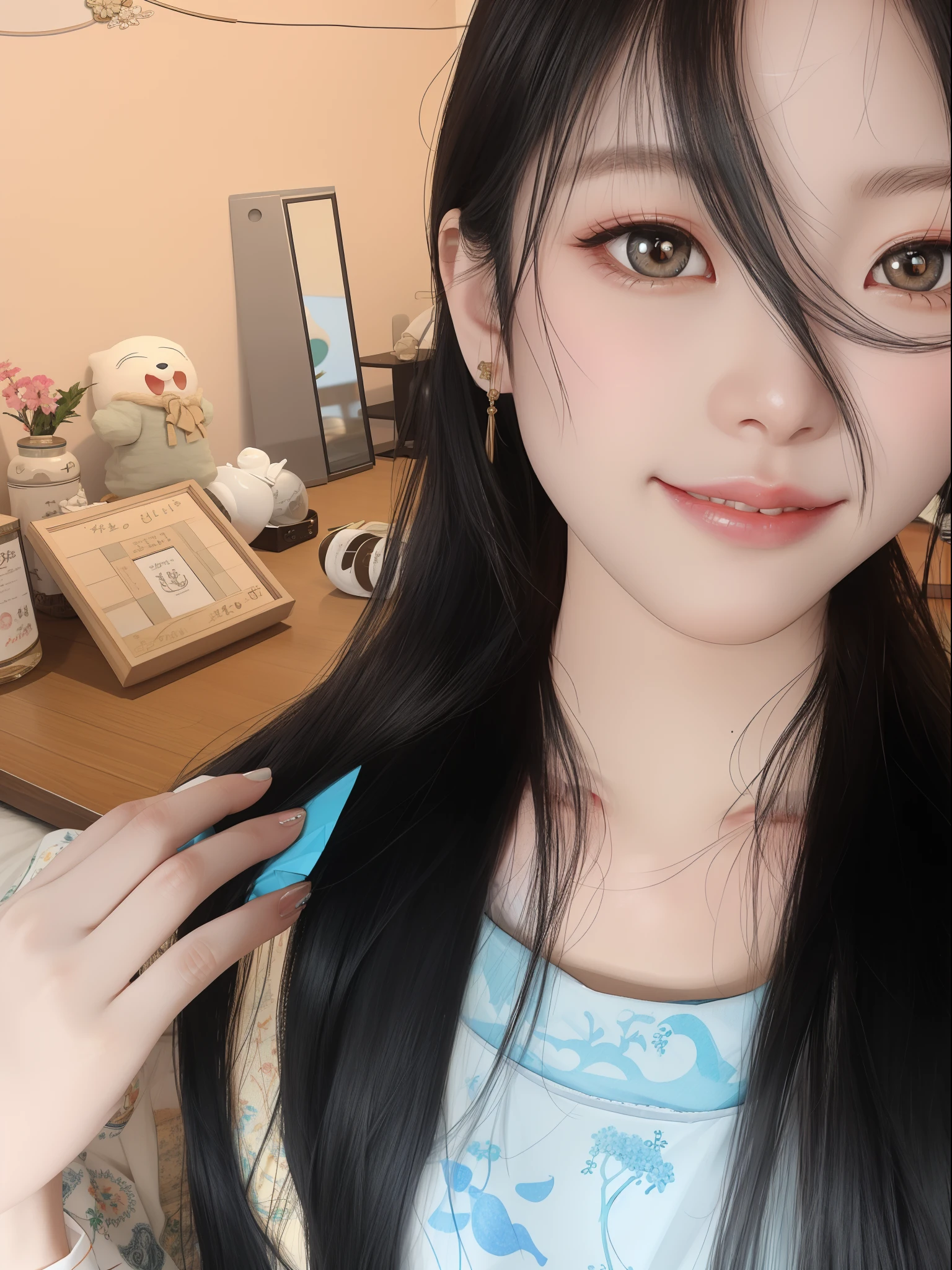 Black hair, long eyelasher, solid circle eyes, Light smile, Korean Gothic girl, Very cute Korean face, 19-year-old girl, Stylish and beautiful clothing, Beautiful hair accessories, Nice little items on clothes, belle delphine, blackpink jennie, petty eyes, Flawless face, pretty eyes, Light eye makeup, shadowing, stereograms, angle of view, gentlesoftlighting, Colored eye makeup, anime big breast, romanticism lain, expressionistic, attractive smile, slight cute smile, very happily, She has black hair, Flowing hair, perfect lips, beautiful Korean women, Home background, Nice house decoration style, surrealism, anaglyph, tachi-e, Atmospheric perspective, Ukiyo-e, 8K, Super detail, ccurate, Best quality, Masterpiece