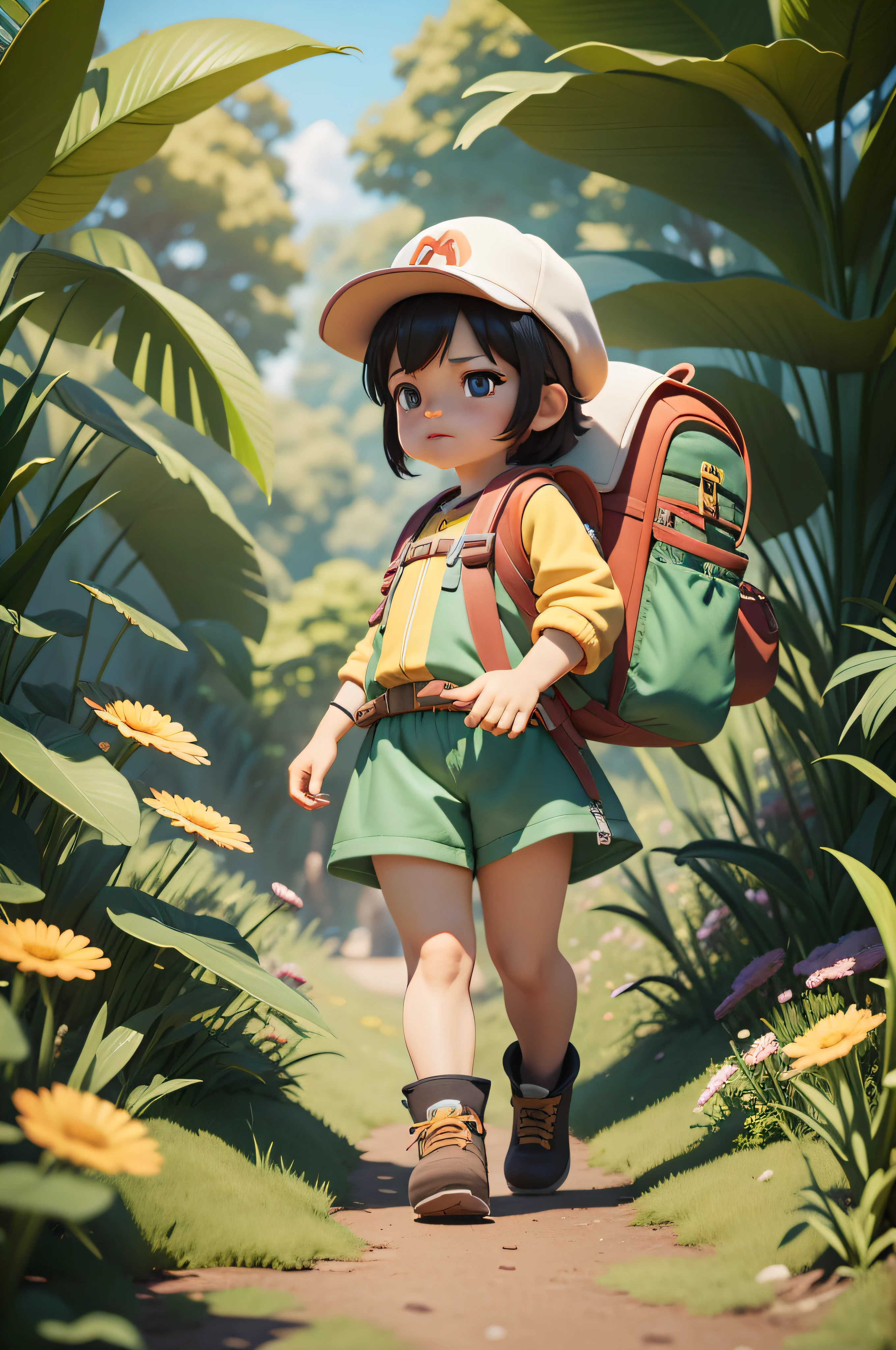 There is a poster,Above it is an explorer Nintendo Mario wearing a hat and backpack,Walk in the wilderness,Jungle of flowers and plants,Animation-style rendering,Unreal Engine5,Stylized anime,Cute and detailed digital art,Atey Ghailan 8 K,Stylized 3D rendering,adventure hyper realistic render,Anime style 3D,Semi-thick paint illustration style。