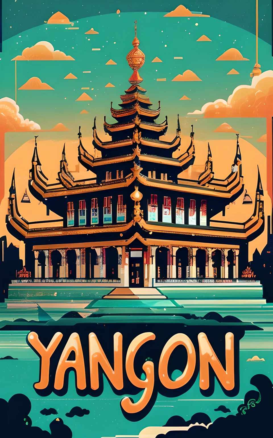 a close up of a poster of a building with a sky background, vibrant tourism poster, jen bartel, inspired by Yang Buzhi, victo ngai! cmyk palette, inspired by Victo Ngai, victo ngai style, inspired by Yanjun Cheng, by Yang J, poster illustration, travel poster, by Kieran Yanner