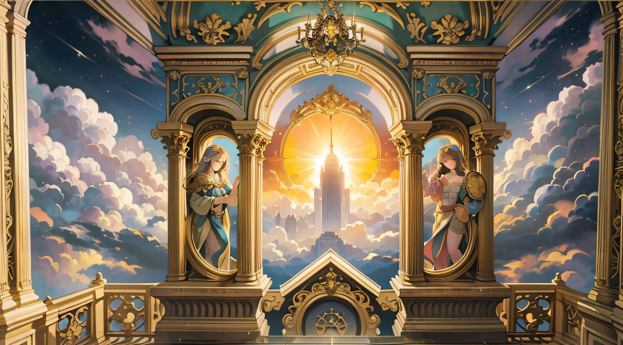a masterwork Renaissance painting of a celestial palace in heaven (best details, Masterpiece, best quality :1.5), kingdom palace in heaven, an epic palace with towers, gates, bridges, surrounded by celestial clouds (best details, Masterpiece, best quality :1.5), sun rays, divine rays, reflections of rays in the clouds, backlight, sense of divinity, touch of god, Renaissance art style, fantasy art style, ultra best realistic, best details, best quality, 16k, [ultra detailed], masterpiece, best quality, (extremely detailed), ultra wide shot, photorealism, depth of field, hyper realistic painting,