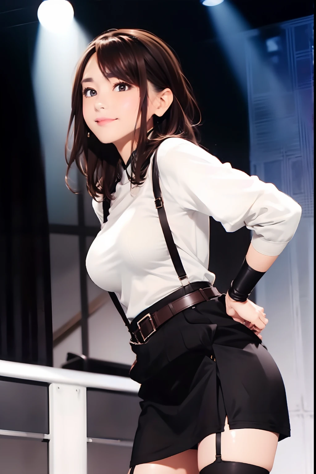 Black skirt, suspenders, Brown hair Gray eyes, Garter belt on the legs, Tight clothes, a belt Armpit sweat Tight look Moderate breasts
