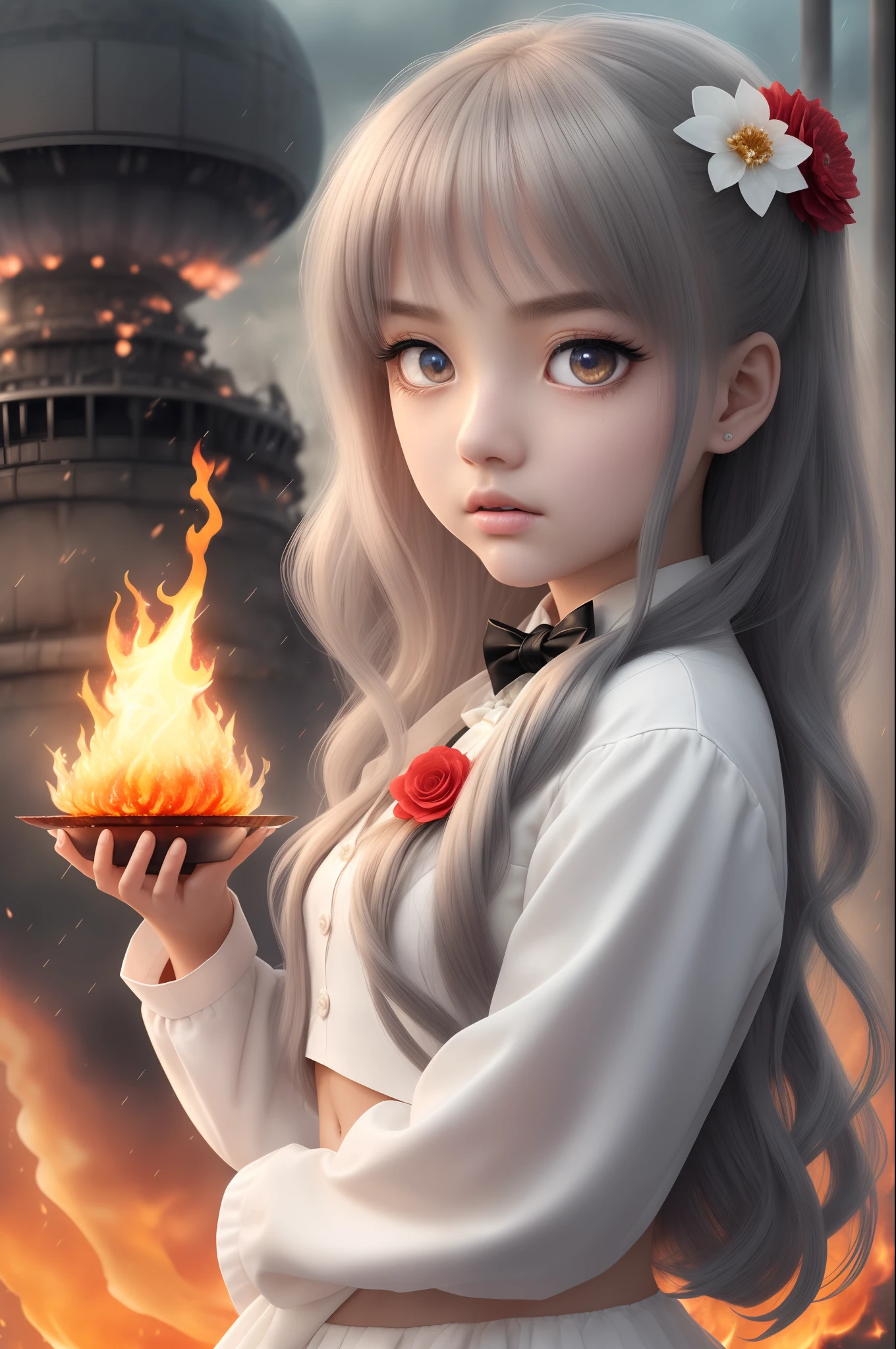masutepiece,Best Quality, Illustration,{Beautiful detailed girl},Beautiful detailed glow,(flame of war:1.2),(nuclear explosion behide:1.3),Rain,Detailed Lighting,detailed water,(Beautiful detailed eyes:1.1),deadpan,palatial palace,Azure hair,disheveled hair,Long bangs,hairs between eyes,(whitegrey dress:1.1),a black ribbon,white bow ties,Midriff,big forhead,blank stare,flower,Long sleeves