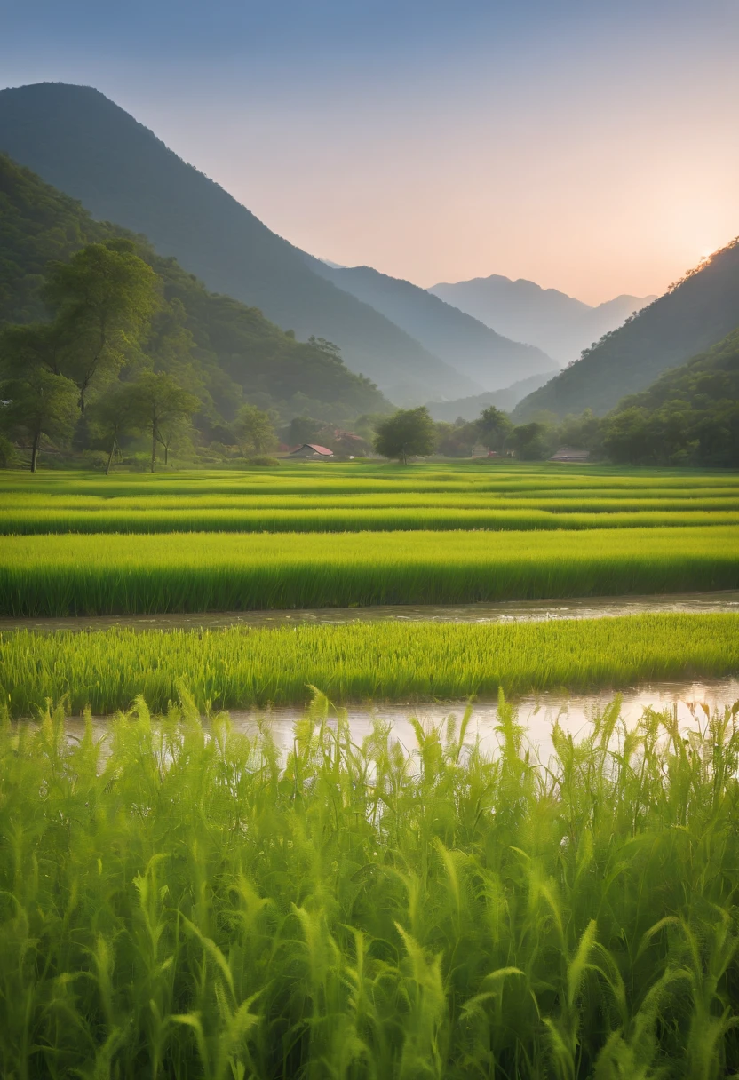A beautiful young woman transforms the landscape into lush, Verdant Gangnam town. The rice fields stretch endlessly, Their mirrored surfaces reflect the sun's golden rays. Villagers, Leaning towards the field with rhythmic precision. The nearby river flows gently, Its water sparkles like a ribbon of liquid sapphire. Art easels stand on wildflower meadows, So that she can enjoy the perfect view of the sunset behind the mountains in the distance. Fireflies dance like living stars, Throw their soft, Enchanting glow spreads throughout the landscape.