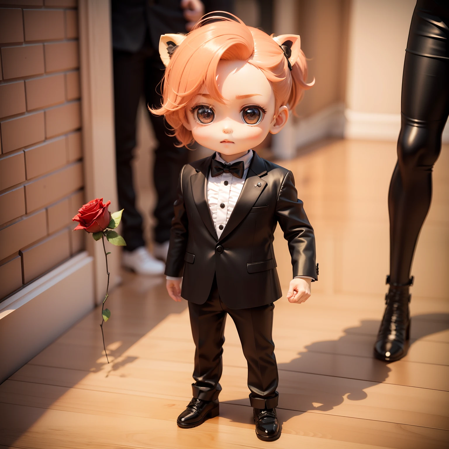 Cute Baby Chibi Anime,(((chibi3d))) (best quality) (masterprice)、Chibi Lion、tuxedo、Grabbing a red rose in his hand、Royal Botanic Gardens with roses、Standing、A detailed face