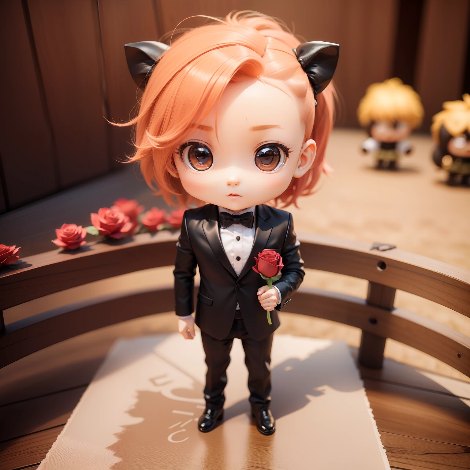Cute Baby Chibi Anime,(((chibi3d))) (best quality) (masterprice)、Chibi Lion、tuxedo、Grabbing a red rose in his hand、Royal Botanic Gardens with roses、Standing、A detailed face