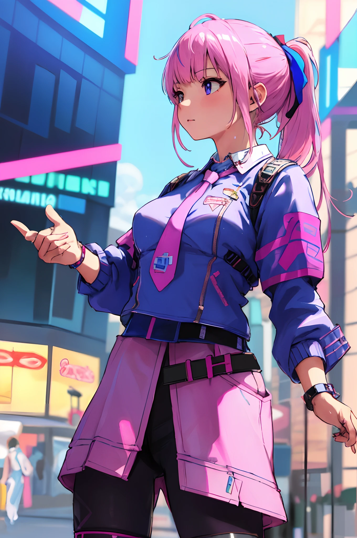 masterpiece, highest quality, realistic, subsurface scattering, chromatic lighting,

colorized, pink + white + purple + blue limited color palette, detailed concept drawing, line-art, illustration,

cyberpunk,
18yo 1girl, medium breasts,
extrovert,
ponytail hair, 
punk outfit,
necktie,
metallic,
America,
mall, 
sunny,
background