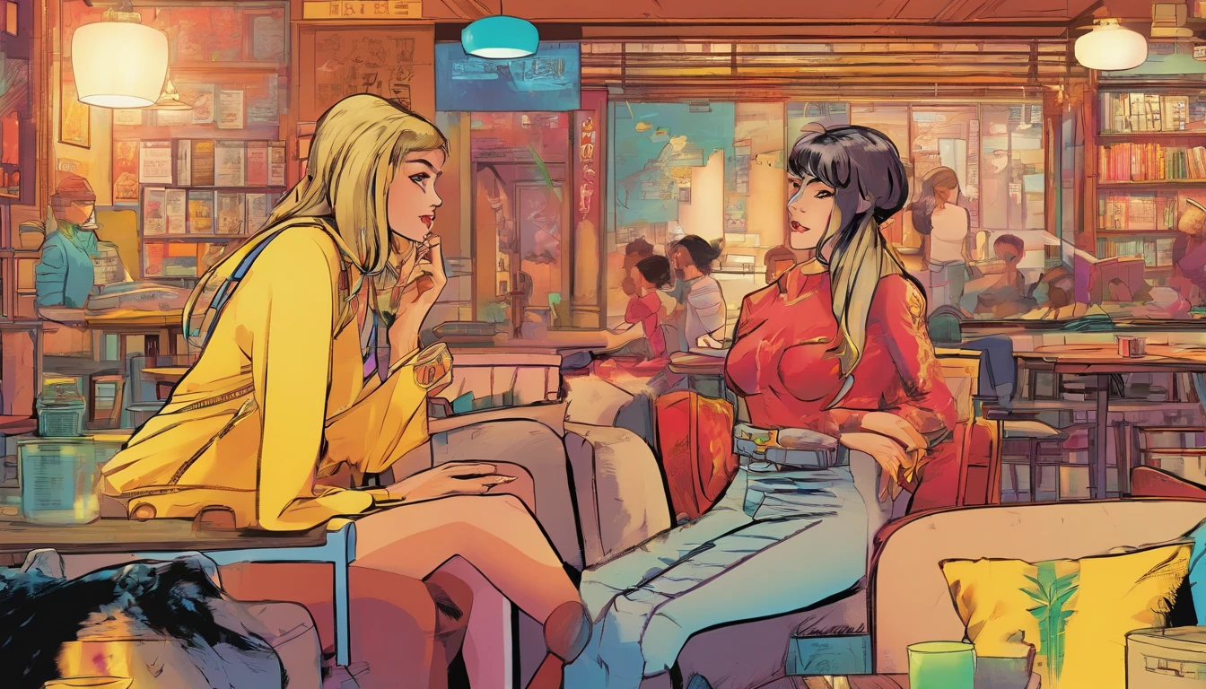 highly detailed angelic woman, HHUD, with modern style, radiant light, unreal engine, wearing cropped denim jacket and sun dress, half-up, half-down romance, black hair, blue eyes, elegant French café with outdoor seating, greg tocchini, virgil finlay, sci-fi, colors, line art.