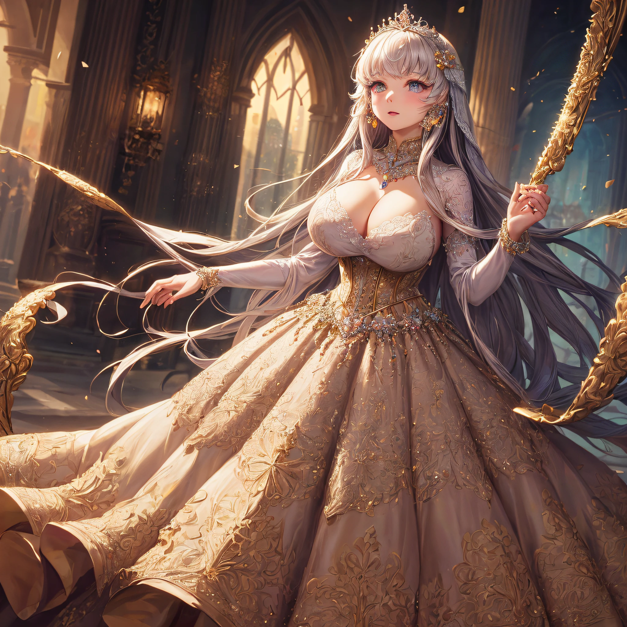 (masterpiece, best quality,extremely detailed,moe anime art style:1.1),1girl, (solo), cute, kawaii,digital art,((1 bling-bling anime princess wearing beautiful embroidery and jeweled gorgeous princess ballgown with voluminous full length hoop skirt)),((crinoline)),long train,voluminous frills,(gorgeous embroidery and beautiful lace),(very gigantic boobs,cleavage,skindentation),((shiny hair,very long straight hair,absurdly straight long hair)),((finely detailed face and eyes)),clear pupil,extremely gorgeousfull hair ornament,(bling-bling jeweled extremely gorgeousfull tiara),((bling-bling gorgeous gemstone jewelry)),long veil,((beautiful background,fantasy)),flowers,flower petals flowing,full body,(looking away),((beautiful embroidery and jeweled gorgeous princess ballgown with voluminous full length hoop skirt))