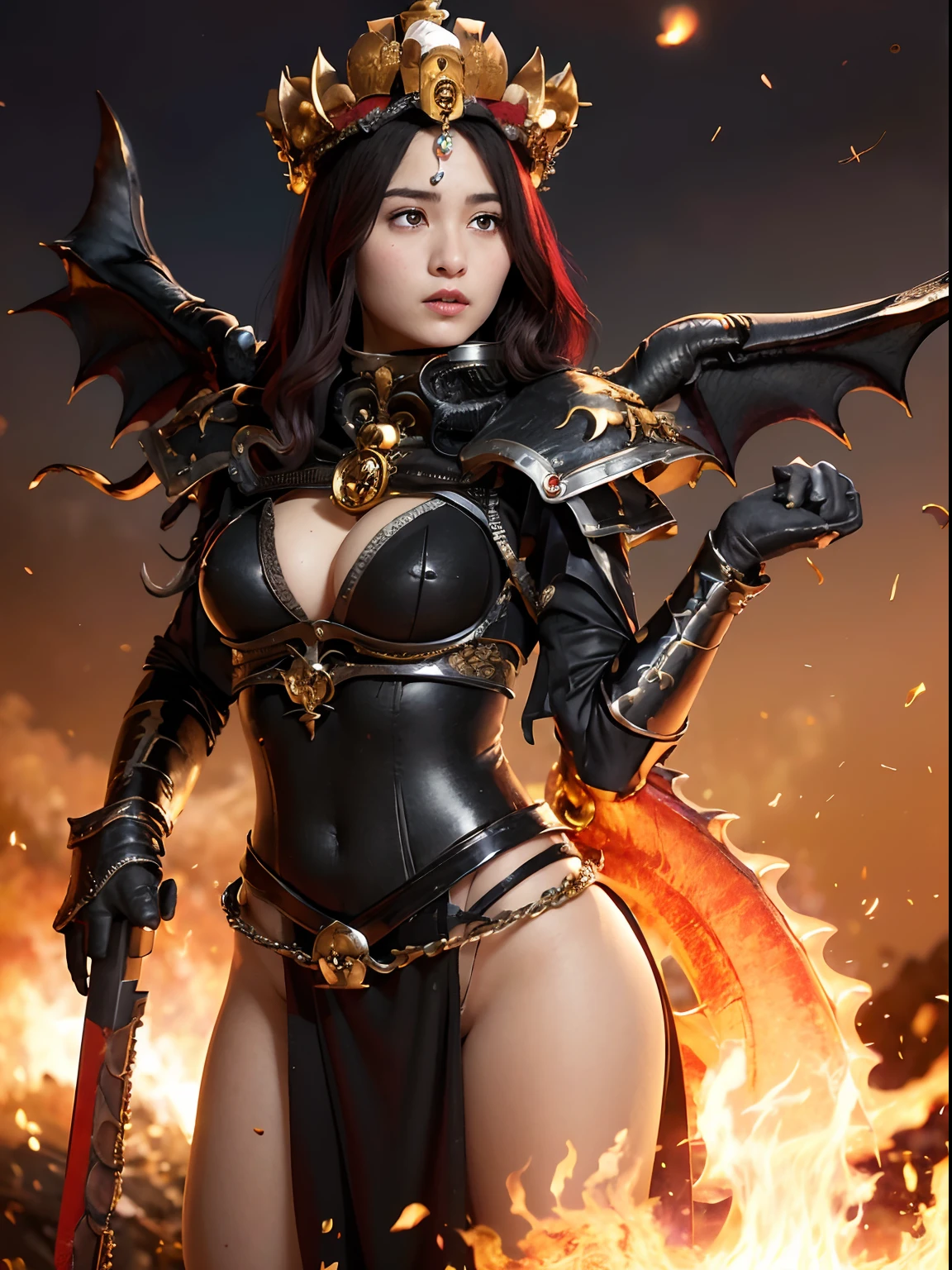 (Bleeding from the head), Professional , masterpiece、top-quality、photos realistic , depth of fields (Gemstone Black Metal Body:1.4),(Matte Black、Toostock、(cleavage of the breast)、Dragon Gold Weapon,Mystical expression、Particles of light、Fight dragons、(Dragon Metal Body:1.4),Gorgeous Silver Weapons ,(( Dragon's dense and gorgeous sword)) , Beautiful knife ,warhammer 40k , adepta sororitas,Detail and gorgeous crown、((Red hair))、(Castle background)、、((Gangle's forest background))、Beautiful Caucasian beauty、1a person、dynamic ungle,(((Detailed and ornate Black Devil Crown)))、Smaller head、A smile、Castle background、Thin and beautiful female hands、cleavage of the breast、Soldier in iron armor on background、Mystical expression、Light Effects、intense fighting、Wind-effect、magic circles、With the legendary magic wand、(demonic wings)、