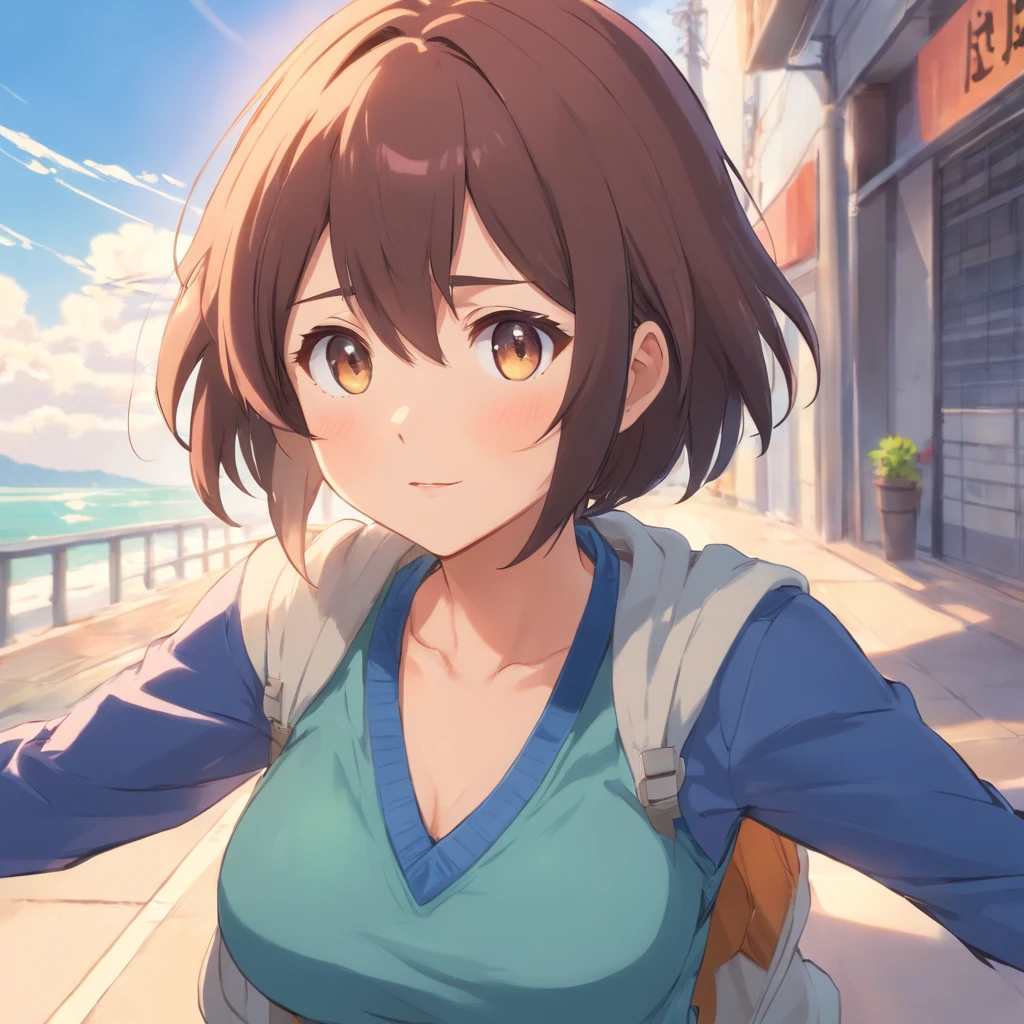 女の子1人,(,petite short stature),animesque、(Bust: 150cm)Young and cute idol face、(Lorioppai)( , Loli breasts,Mi Hot Pants)Double piece with hands raised (WatercolorPrivate Services, Shoulder Knitwear,Shoulders exposed、) Huge breasts,