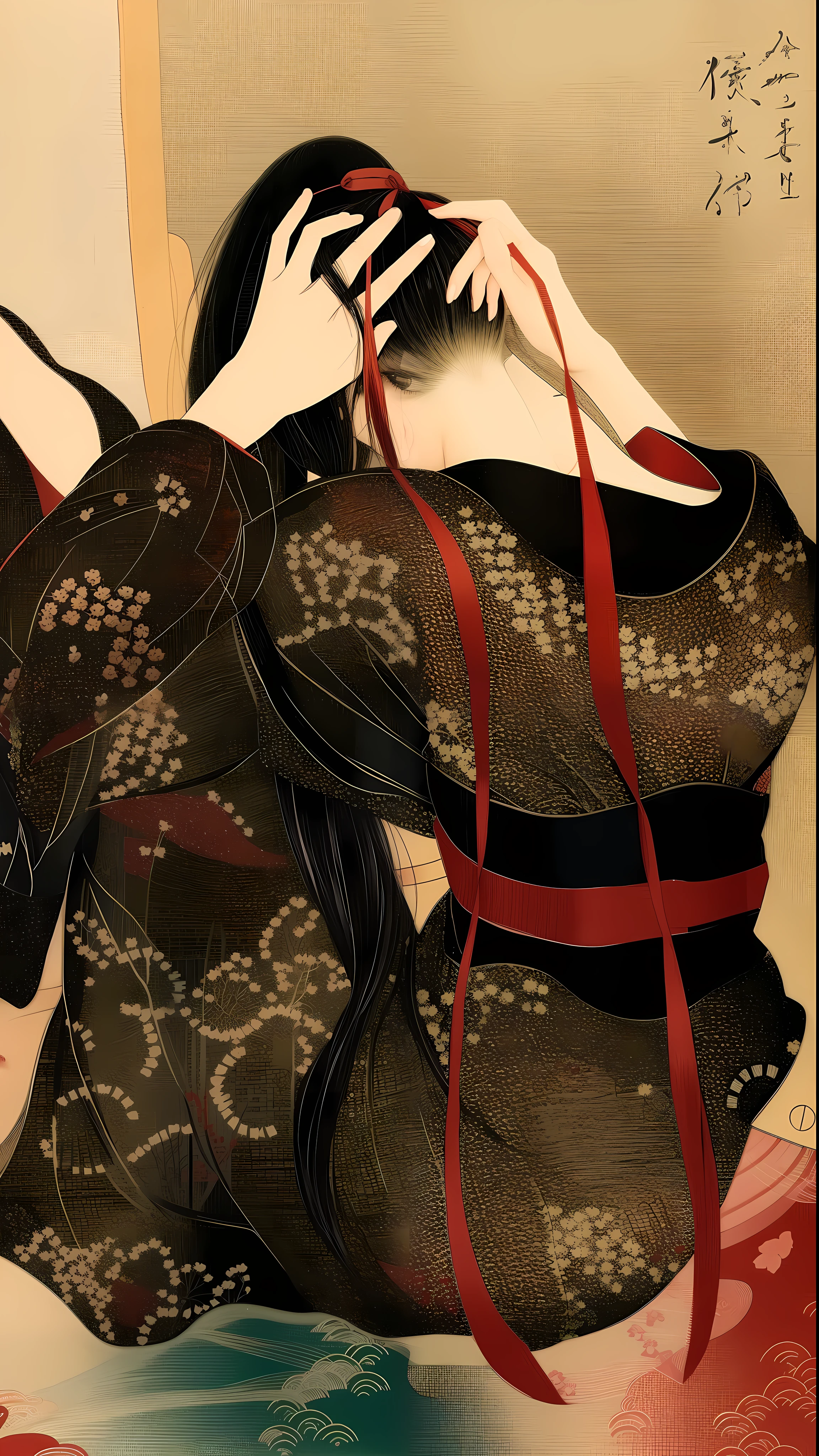 There is a woman sitting on a bed with a red ribbon, Estilo de Takato Yamamoto, Takato Yamamoto Aesthetics, Estilo Utamaro Kitagawa, inspired by Itō Shinsui, Yasunari Ikenaga, por takato yamamoto, shinsui ito, Estilo de Masami Kurumada, Directed by: Itō Shinsui