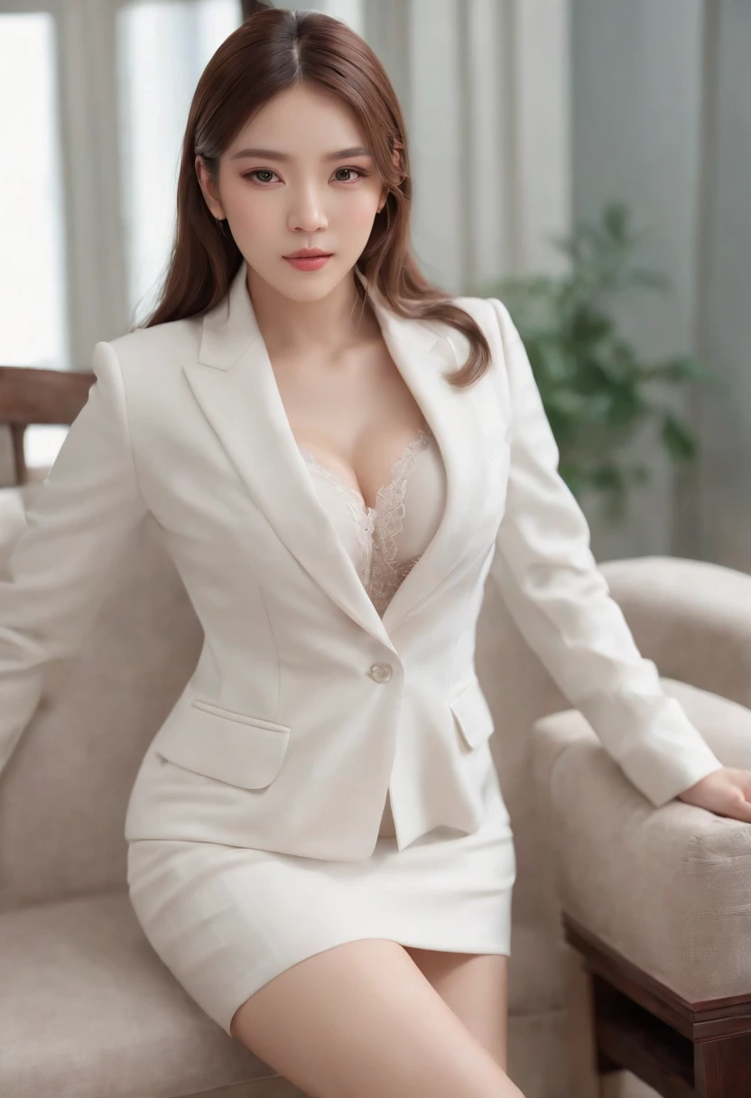 face is :9,1870450717], Elegant Female Teacher, Skirt and thighs、27yo、stature　162cm、Asian woman in arafe in suit and stockings sitting on sofa, sakimichan, Smooth white tight clothes suit, in a strict suit, 奈良美智, generous cleavage open jacket, sakimichan hdri, Wearing a strict business suit, Girl in suit, wearing tight suit, reluvy5213、Raw photo, (in 8K、top-quality、​masterpiece:1.2)、(intricate detailes:1.4)、(Photorealsitic:1.4)、octane renderings、Complex 3D rendering ultra detail, Studio Soft Light, Rim Lights, vibrant detail, super detailing, realistic skin textures, Detail Face, Beautiful detail eyes, Very detailed CG Unity 16k wallpaper, make - up, (detailedbackground:1.2),　shinny skin、Exposed thighs!!!、