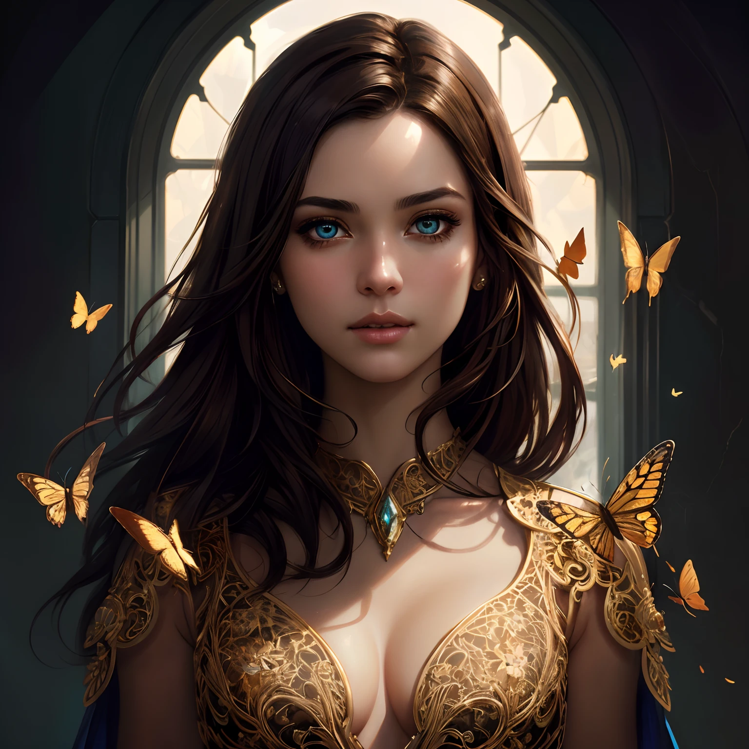 8k portrait of beautiful cyborg with brown hair, intricate, elegant, highly detailed, majestic, digital photography, art by artgerm and ruan jia and greg rutkowski surreal painting gold butterfly filigree, broken glass, (masterpiece, sidelighting, finely detailed beautiful eyes: 1.2), hdr,