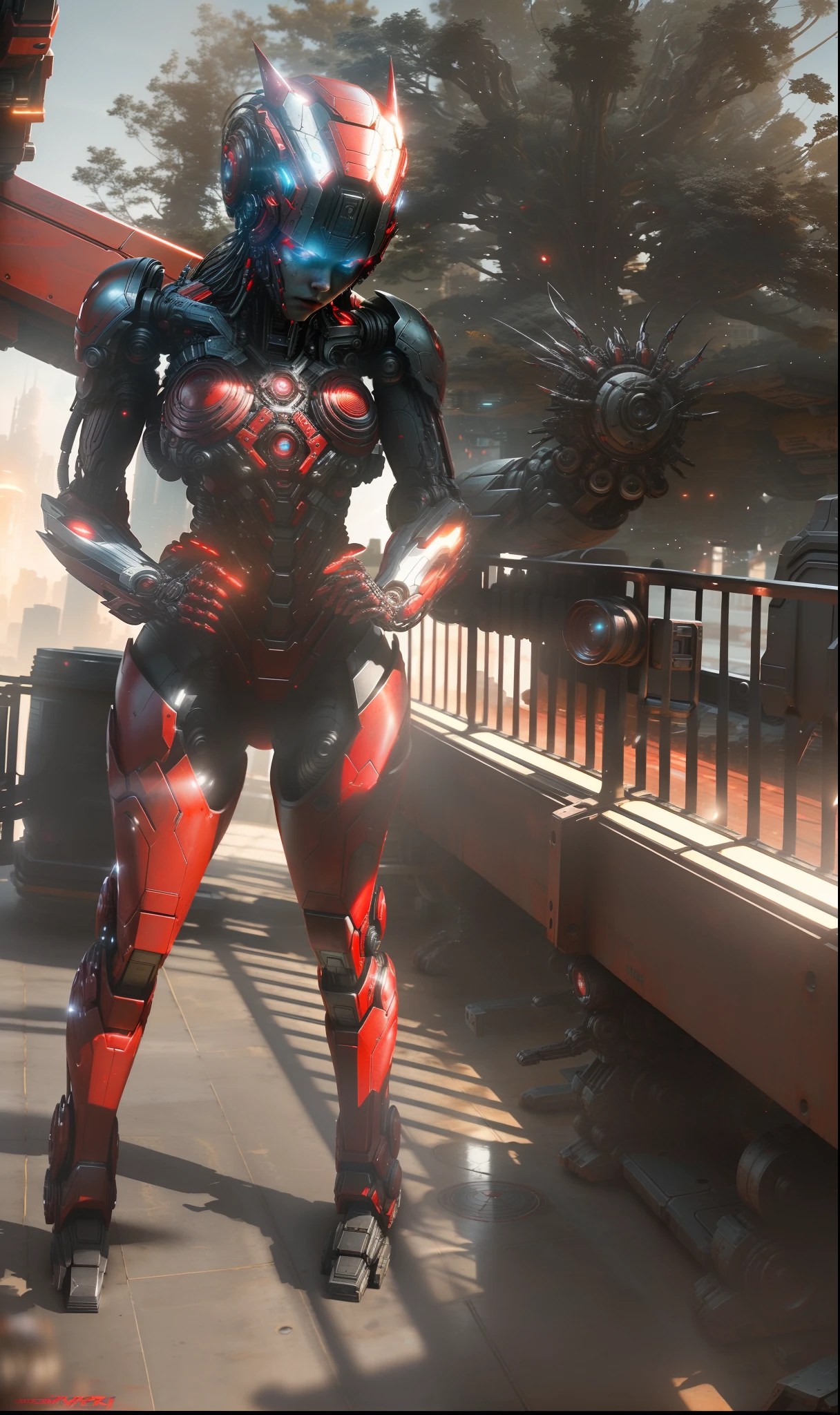 Scarlet Witch from Marvel photography, biomechanical, complex robot, full growth, hyper-realistic, insane small details, extremely clean lines, cyberpunk aesthetic, a masterpiece presented at Zbrush Central