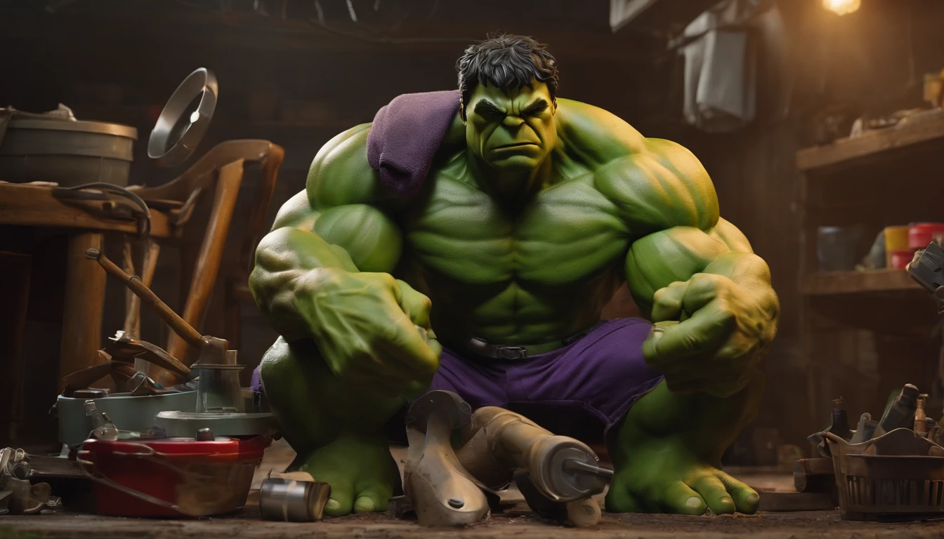 The Amazing Hulk with various tools repairing a washing machine