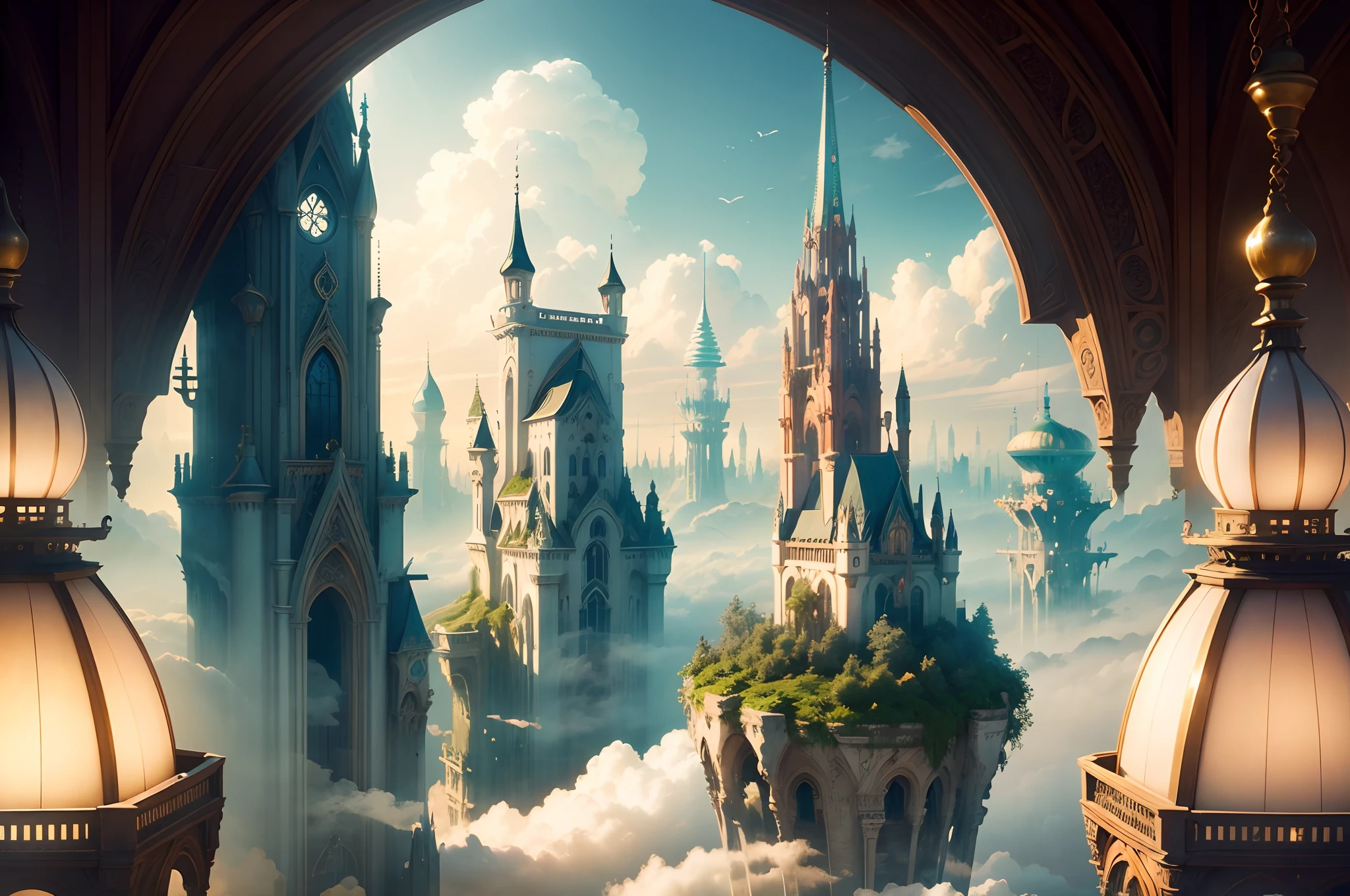 A town floating in the clouds, surreal atmosphere, dreamlike scenery, ethereal clouds, magnificent architectural structures, intricate buildings, vibrant colors, whimsical elements, fantasy world, surreal lighting, floating gardens, winding staircases, suspended bridges, breathtaking aerial views, tranquil atmosphere, peaceful ambiance, intricate details, magical skyline, mesmerizing cityscape, otherworldly charm, soaring skyscrapers, whimsical rooftops, captivating landmarks, enchanting streets, hidden alleys, immersive experience, fantasy adventure, wondrous exploration, surrealistic paradise, ethereal charm, architectural marvels, seamless harmony between nature and man-made structures, dainty clouds dancing around, heavenly serenity, picturesque panorama, floating in the sky, hidden treasures, infinite possibilities, dreamscape come to life, harmonious coexistence. 
(best quality, 8k, highres, masterpiece:1.2), ultra-detailed, (realistic, photorealistic, photo-realistic:1.37), HDR, UHD, studio lighting, vivid colors, surrealistic palette, soft pastel hues, warm golden tones, soft and gentle lighting, dreamy atmosphere, captivating composition.