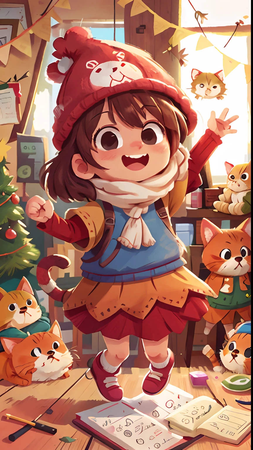 Jumping cat，personification,cheerfulness，Rejoice，knit hat,Perfect quality，Clear focus（clutter - home：0.8）， （tmasterpiece：1.2） （realisticlying：1.2） （Bokeh） （best qualtiy） （detailedskin：1.3） （intricate-detail {Ikko） （8K） （detailedeyes） （muffler）,（having fun）