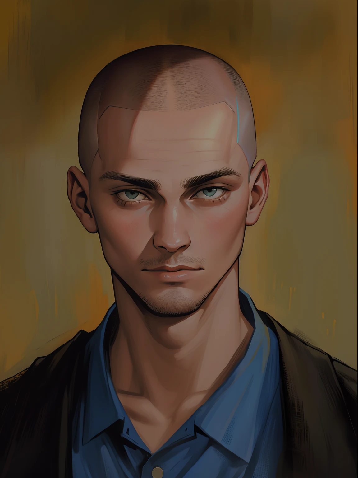 Arad man with shaved head and blue shirt looking at camera, No hair is completely bald, 2 7 years old, 2 8 years old, 2 9 years old, 3 2 - year - old, shaved head, shaved head, shaved face, (38 years old), 3 6 years old, 38 years old, 2 3 years old, 2 4 years old