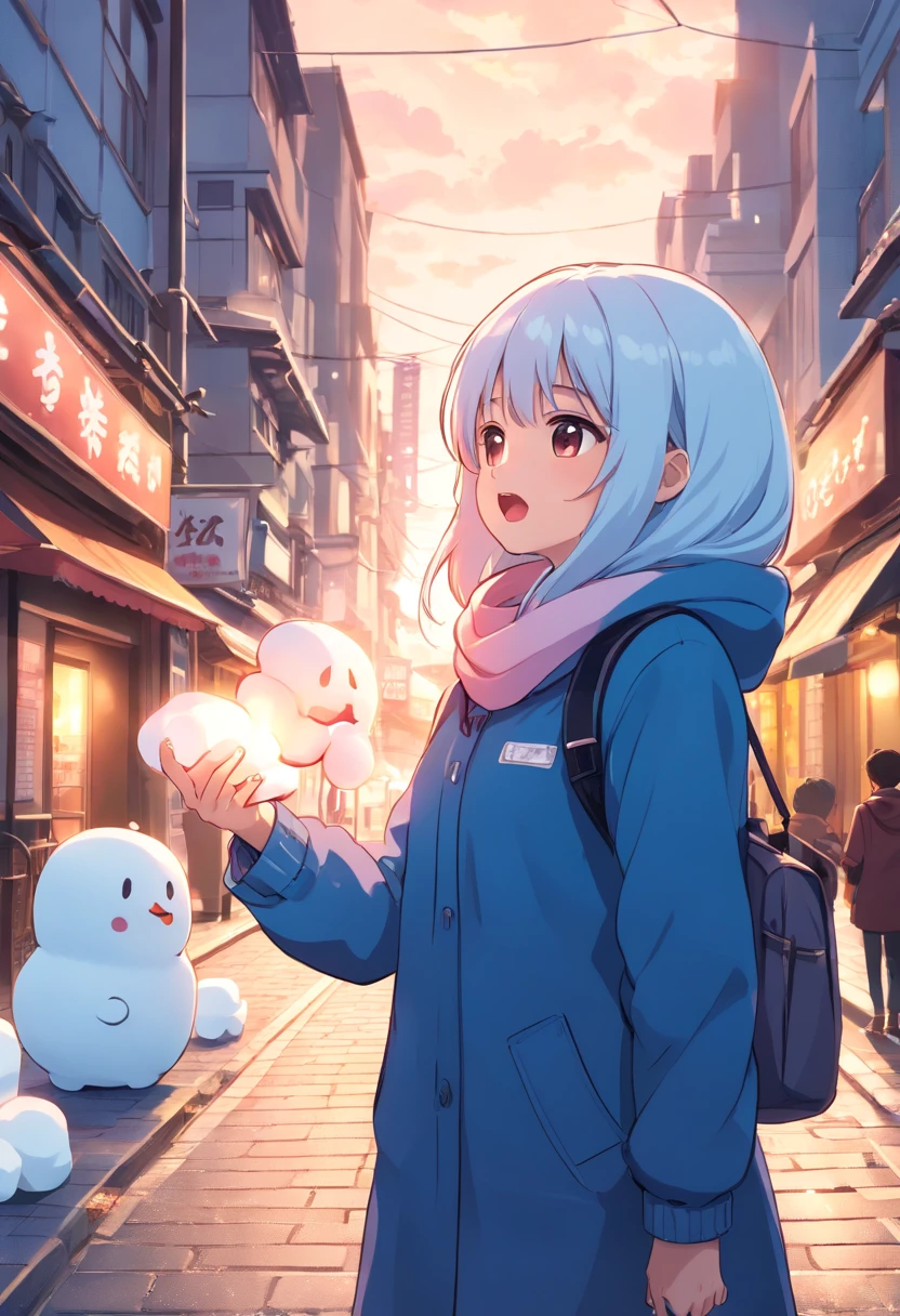 On cold winter nights,Heavy snow covered the pavement,A -yeld gidressed thinly shrunk in the corner outside the door of a shop selling roast duck on the street,Selling matches in hand. (Background, ・Snowy night sky. ・The window is lit,Decorate the night sky. ・ 2 pedestrians on the road rushing to the road. ), (4finger and thumb:1.3), (cotton candy, ・((The woman puts her face size on the marshmallow:1.3), (Large size marshmallows:1.5)). ・Marshmallows are pure white and fluffy, It is sweet when put in the mouth. ), Open mouth:1.25, (Facial expression, ・ Sadness and exhaustion. ),