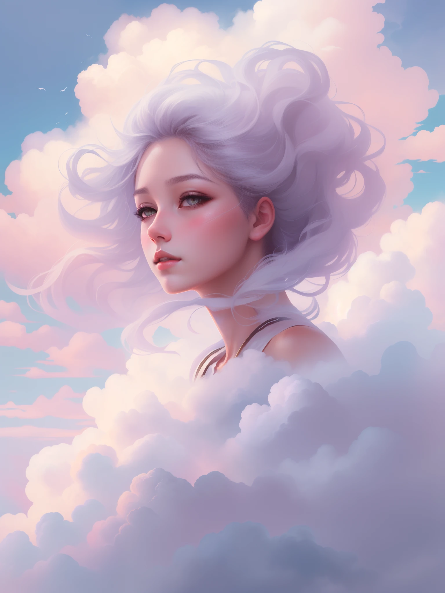 A beautiful artwork illustration, beautiful fantasy art portrait,Girl in the clouds in the sky,Beautiful facial features,((Reach out and touch the clouds,))Fluffy clouds,Guviz-style artwork, White cloud hair, Beautiful digital illustration, fantasy art portrait, Clouds. fantasy, guweiz masterpiece, Cloud hair