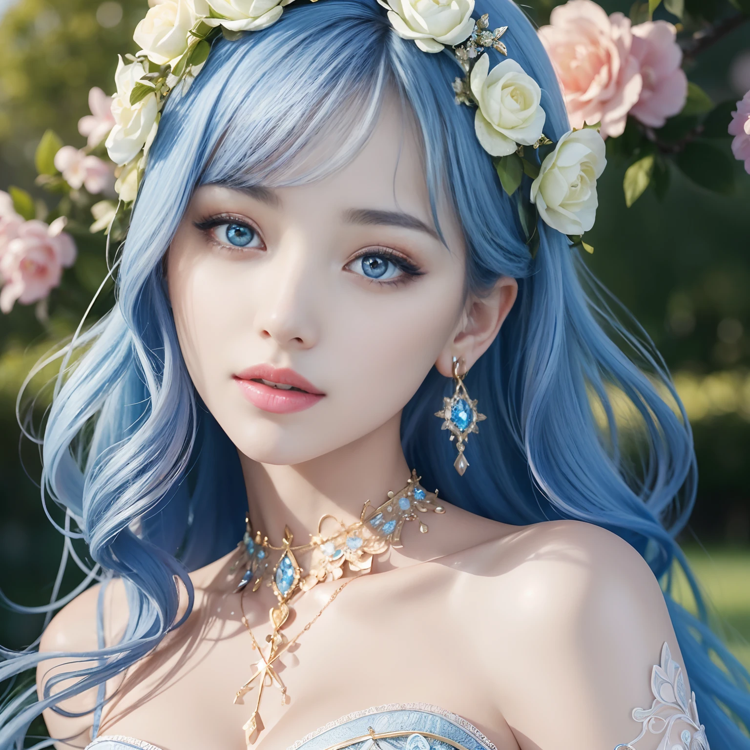 a painting of a woman in a blue dress with flowers in her hair, beautiful character painting, beautiful fantasy art portrait, beautiful gorgeous digital art, beautiful fantasy art, chinese girl, digital fantasy art ), beautiful digital art, beautiful art uhd 4 k, beautiful fantasy maiden, beautiful digital artwork, very beautiful fantasy art, very beautiful digital art, beautiful fantasy portrait