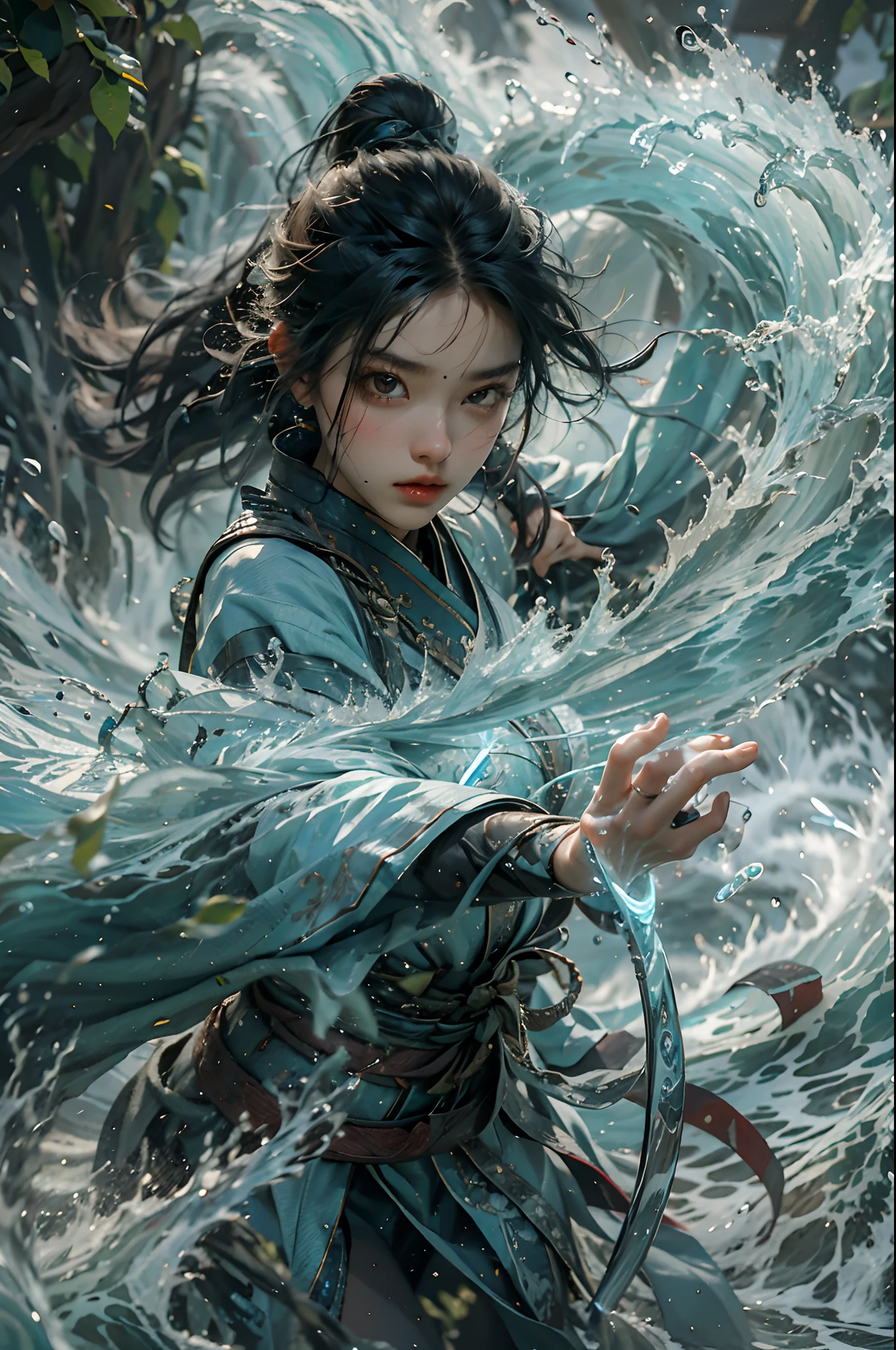 Best quality,masterpiece,ultra high res,,yushuishu,1girl,solo,black hair,water,waves,lips,full body,Take the sword.,The normal hand.,